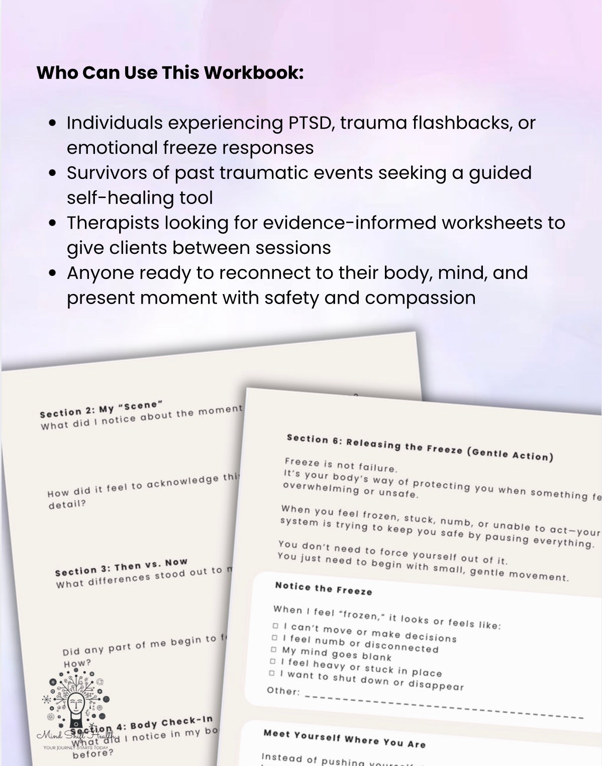 Stuck at the Scene PTSD Workbook Trauma Recovery Printable Grounding, Emotional Freeze, Self-Compassion Exercises