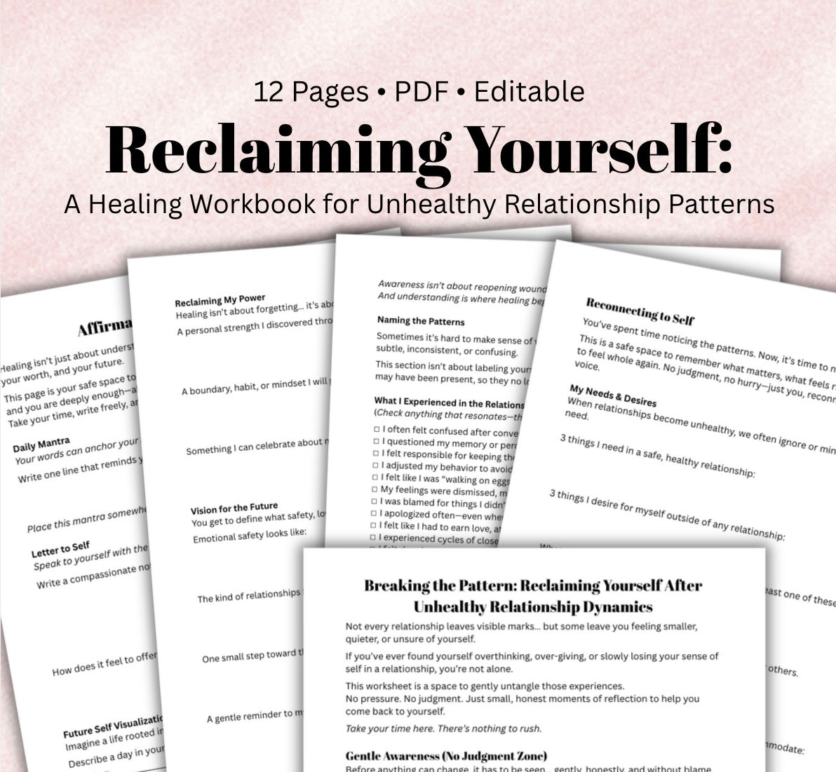 Reclaiming Yourself, Unhealthy Relationship Patterns, Rebuild Self Worth & Boundaries Emotional Abuse Recovery Therapy Worksheets PDF