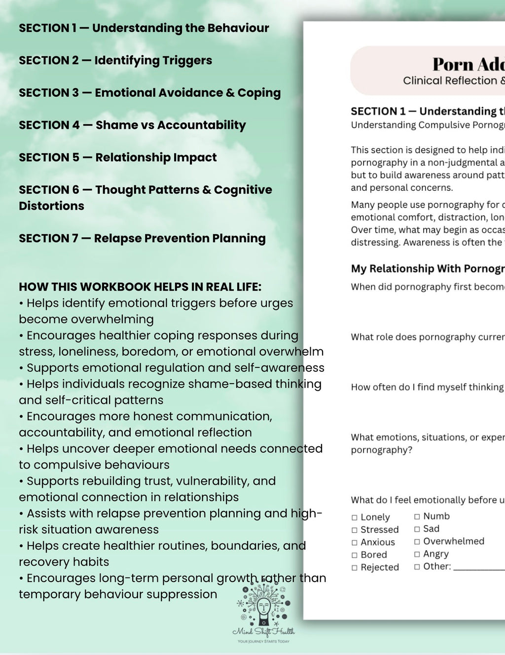Porn Addiction Recovery Workbook CBT Therapy Worksheets for Emotional Healing Triggers & Relapse Prevention Printable PDF