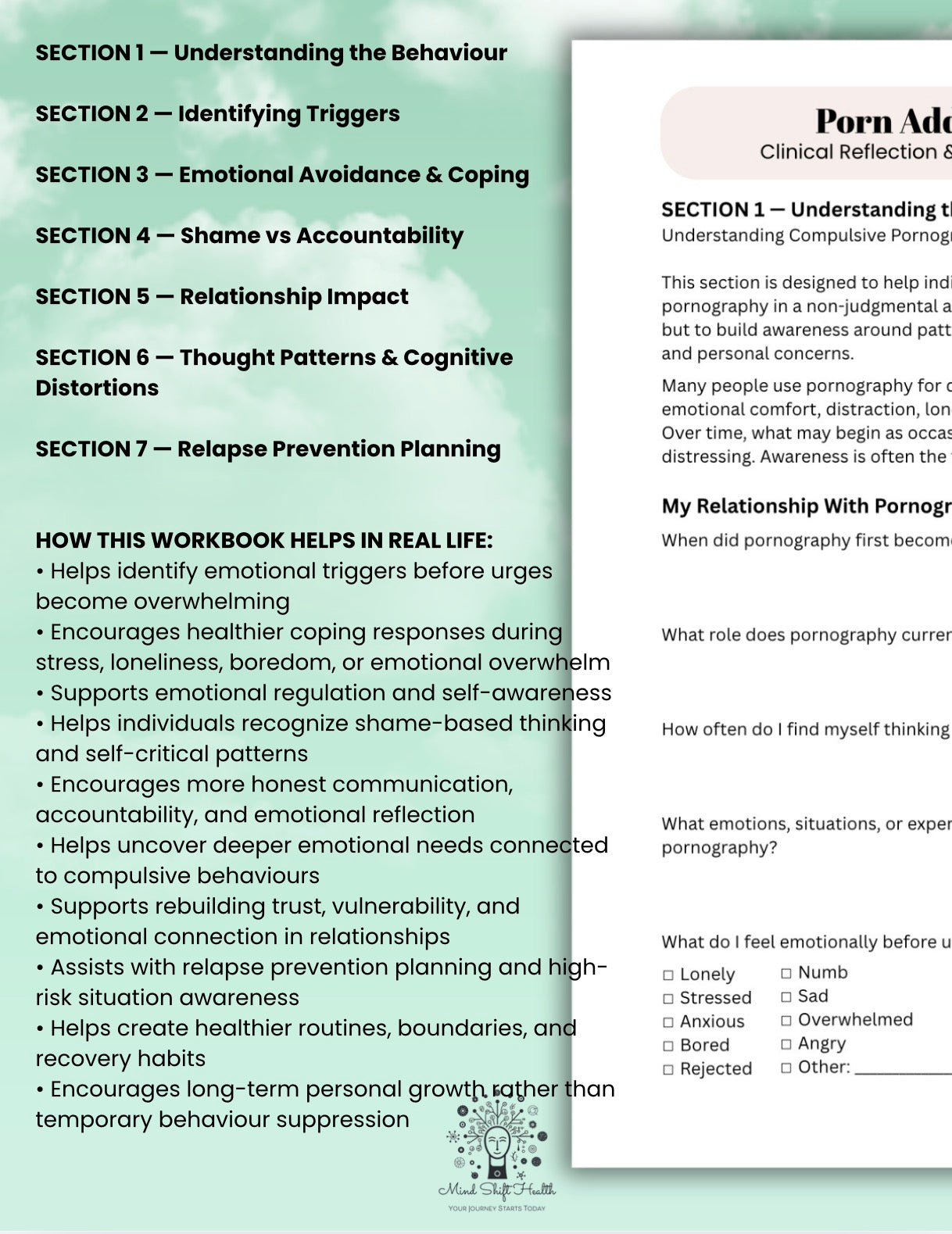 Porn Addiction Recovery Workbook CBT Therapy Worksheets for Emotional Healing Triggers & Relapse Prevention Printable PDF