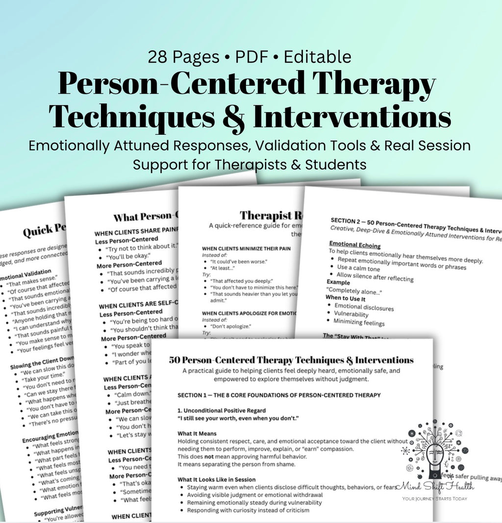 50 Person-Centered Therapy Techniques & Interventions Therapist Response & Validation Bundle