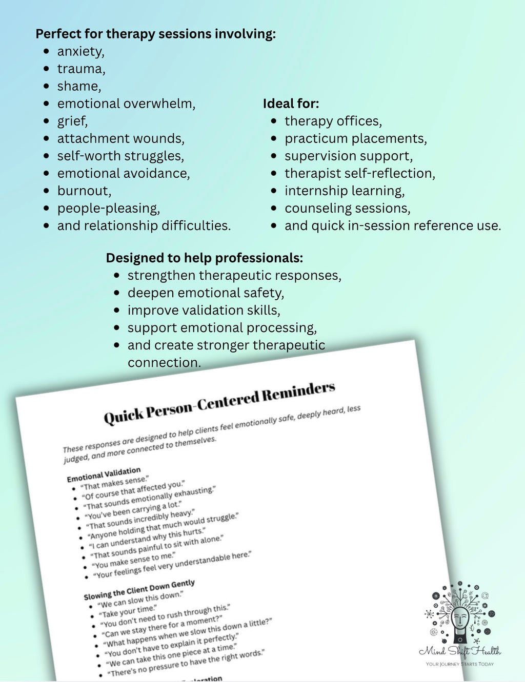 50 Person-Centered Therapy Techniques & Interventions Therapist Response & Validation Bundle