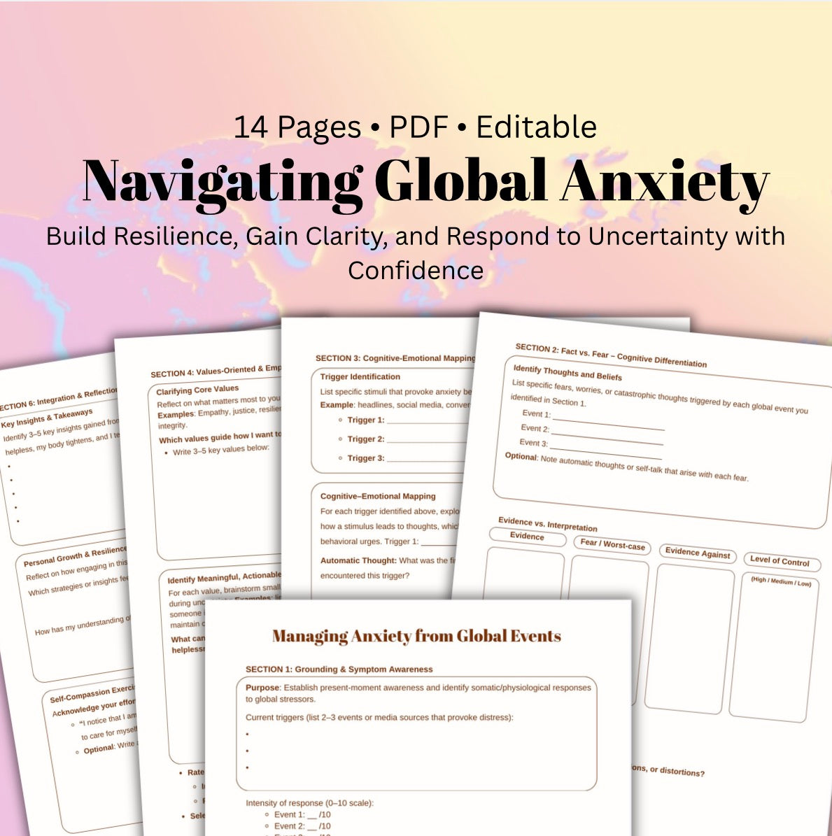 Global Stress & Anxiety Workbook Emotional Regulation Therapy Worksheet CBT Anxiety Printable Mental Health Self-Help Journal