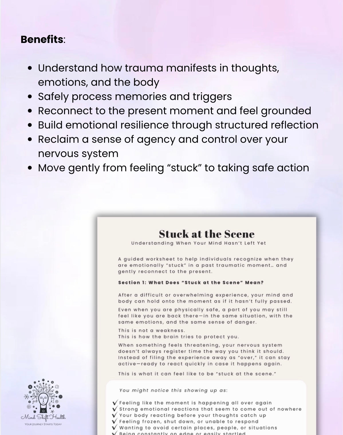 Stuck at the Scene PTSD Workbook Trauma Recovery Printable Grounding, Emotional Freeze, Self-Compassion Exercises