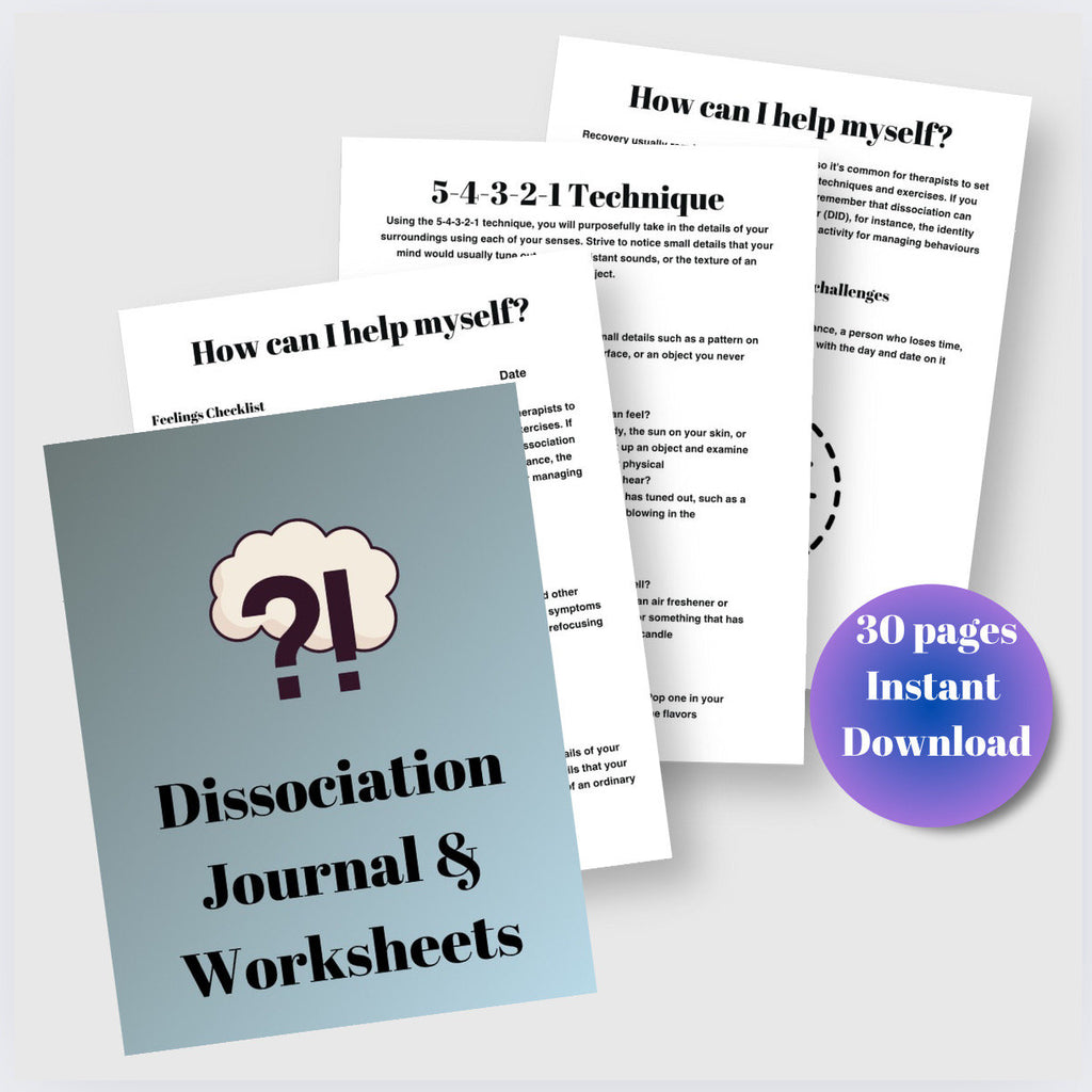 Dissociation Journal & Worksheets: Trauma Healing, CBT Therapy (Printable PDF)