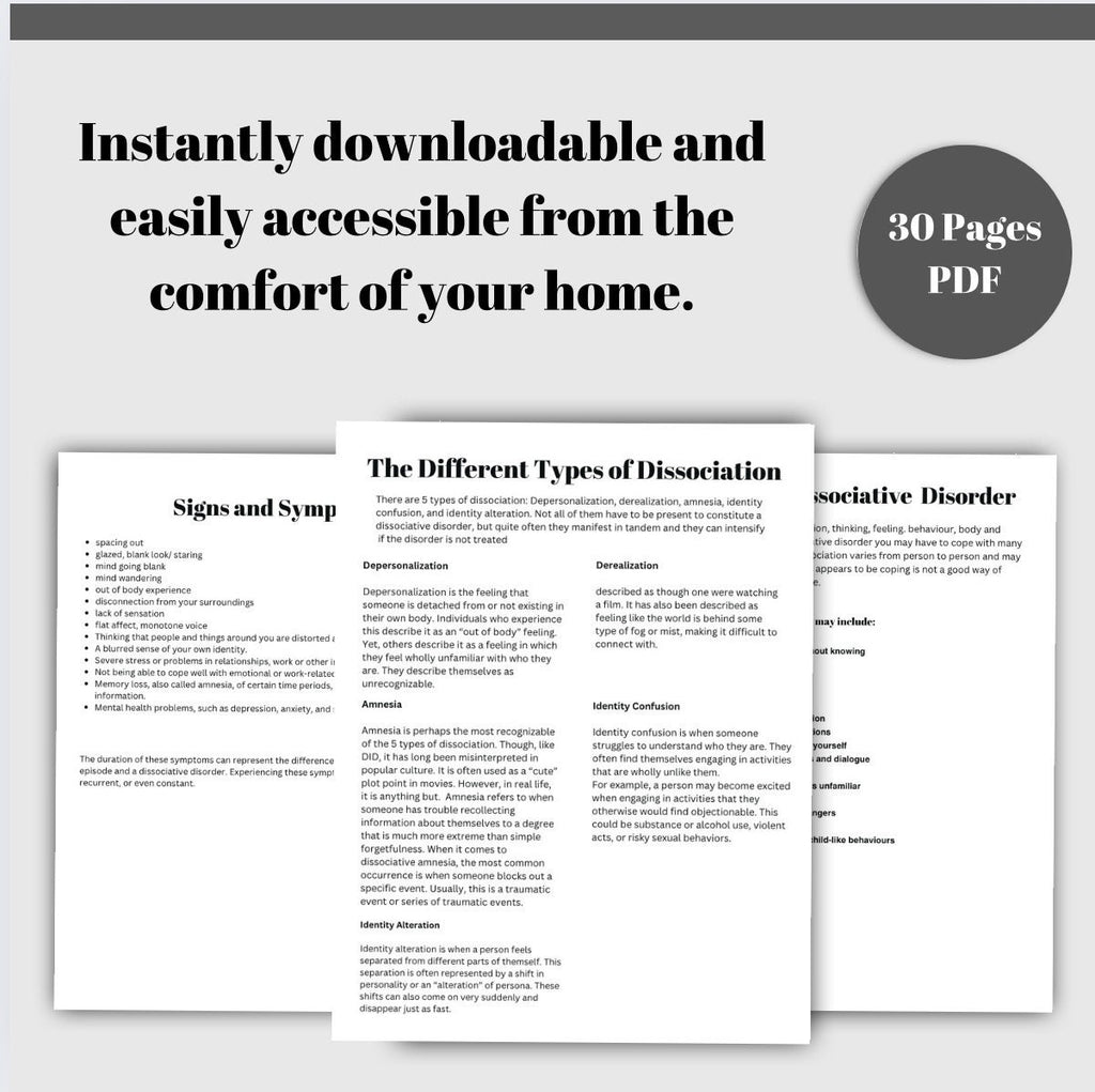 Dissociation Journal & Worksheets: Trauma Healing, CBT Therapy (Printable PDF)