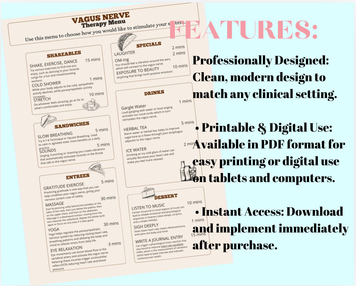 Vagus Nerve Stimulation Therapy Menu, Polyvagal Theory Resource (Digital Download)