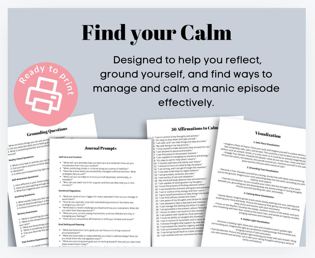 Manic Episode Self-Care Journal, Affirmations & Grounding (Digital Download)