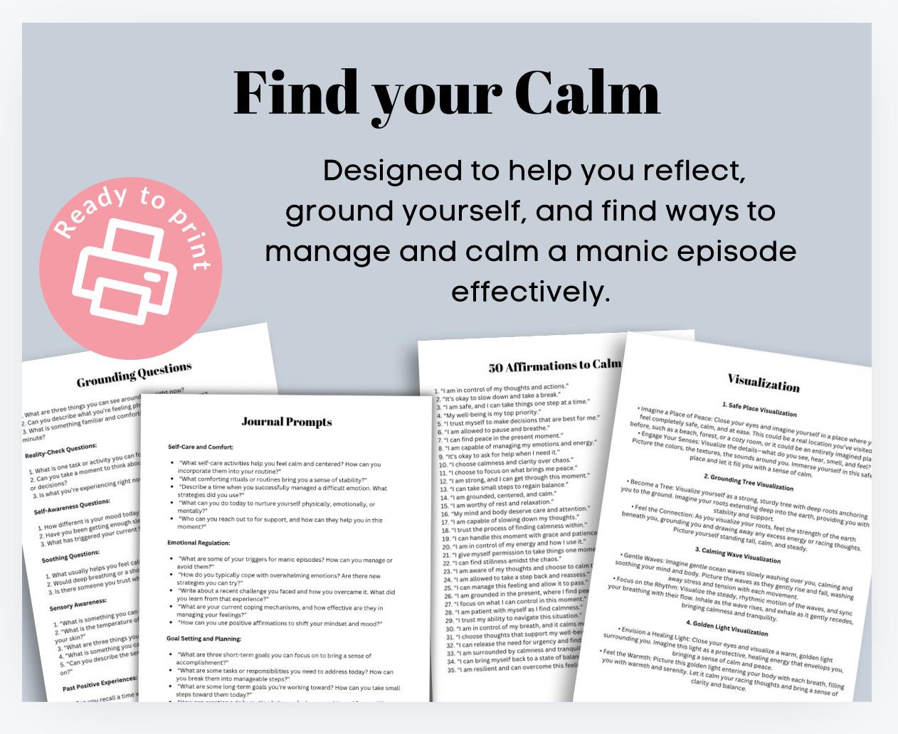 Manic Episode Self-Care Journal, Affirmations & Grounding (Digital Download)