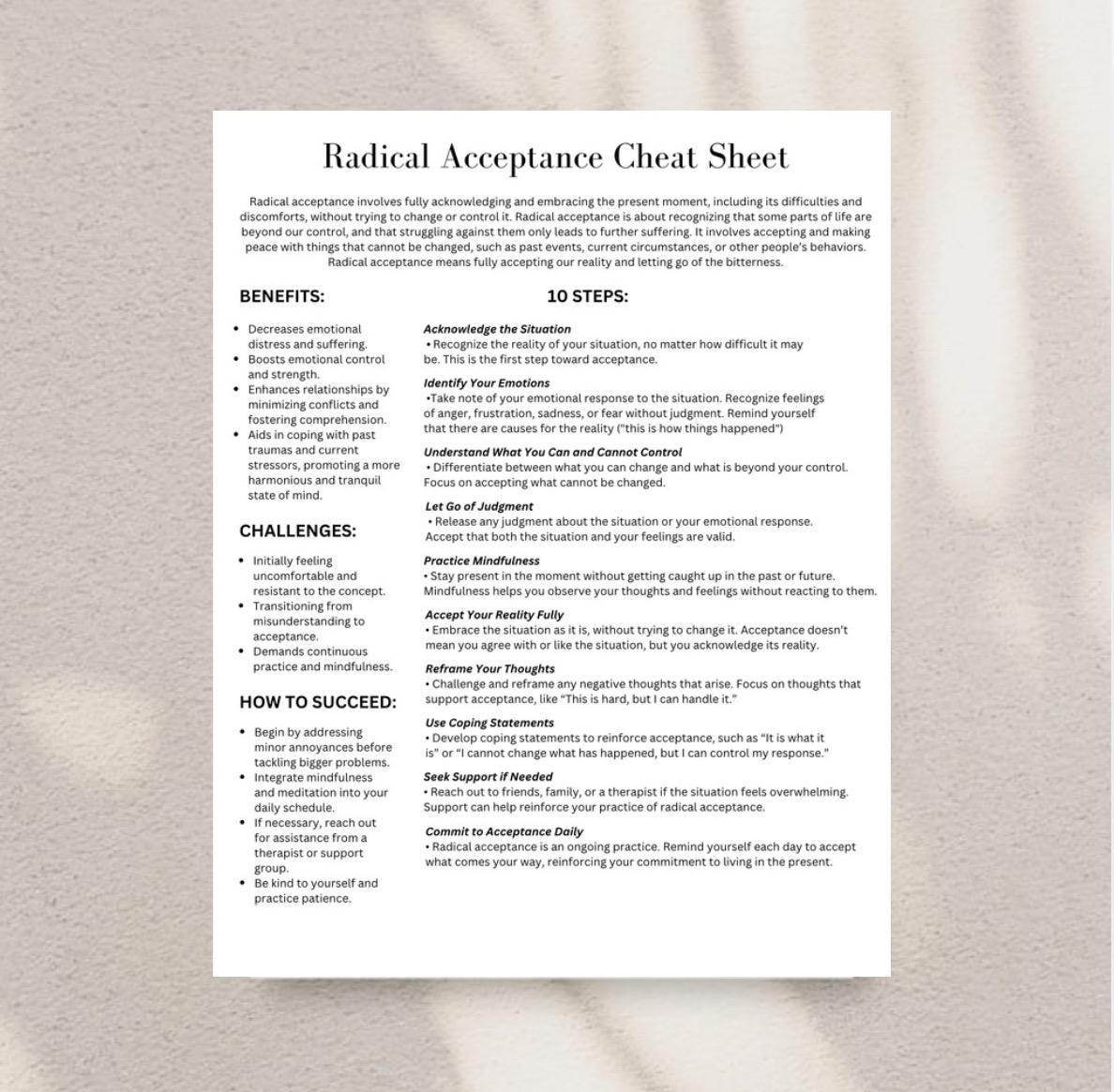 Radical Acceptance Cheat Sheet DBT  Dialectical Behavioral Therapy Coping Strategies Tool