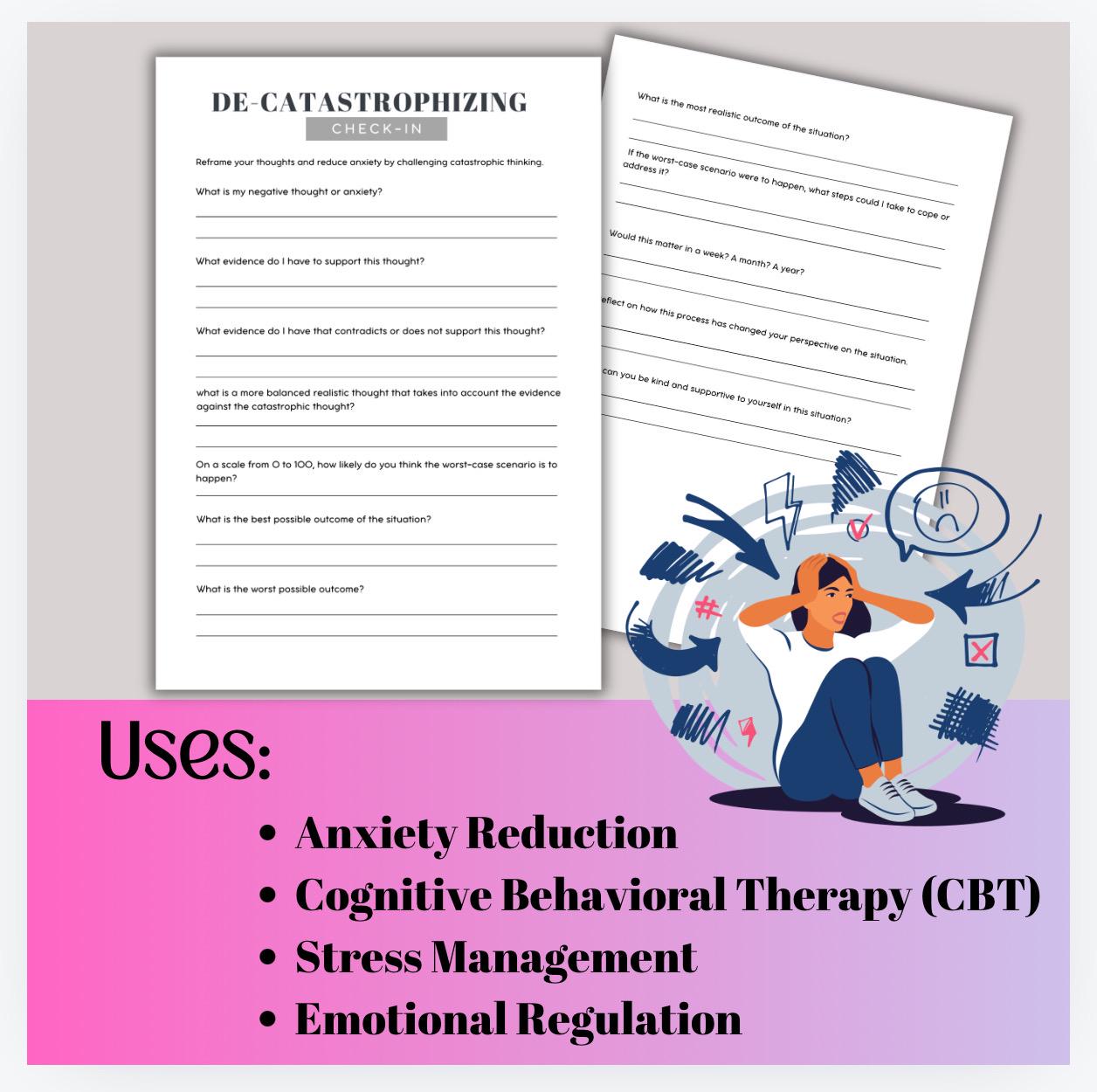 Decatastrophizing Worksheet Catastrophic Thinking CBT Therapist Tool to Reduce Anxiety Negative Thought Patterns PDF