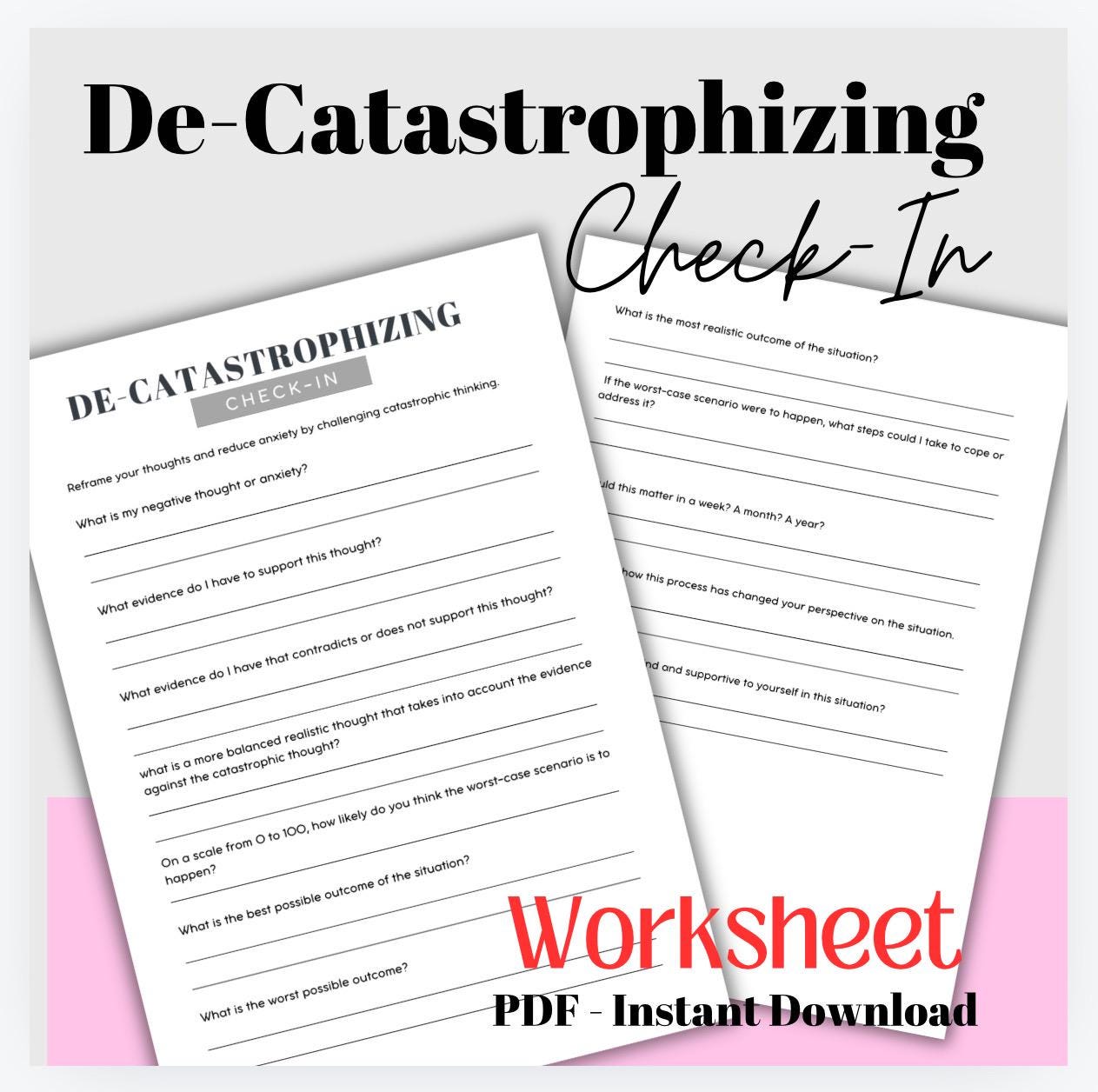 Decatastrophizing Worksheet Catastrophic Thinking CBT Therapist Tool to Reduce Anxiety Negative Thought Patterns PDF