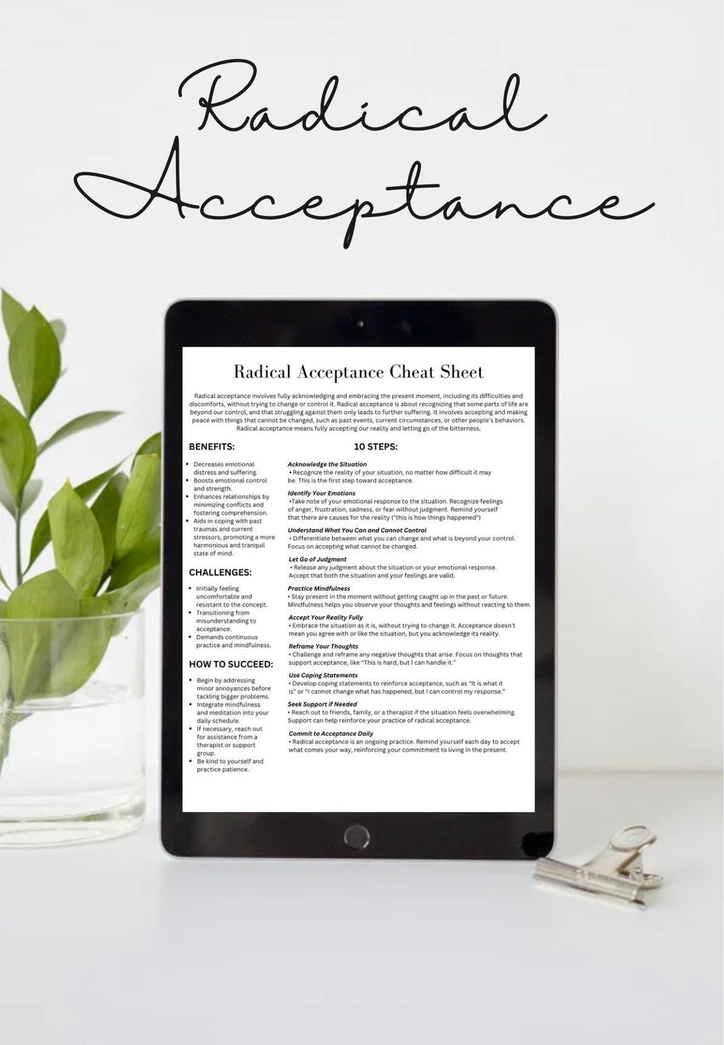 Radical Acceptance Cheat Sheet DBT  Dialectical Behavioral Therapy Coping Strategies Tool