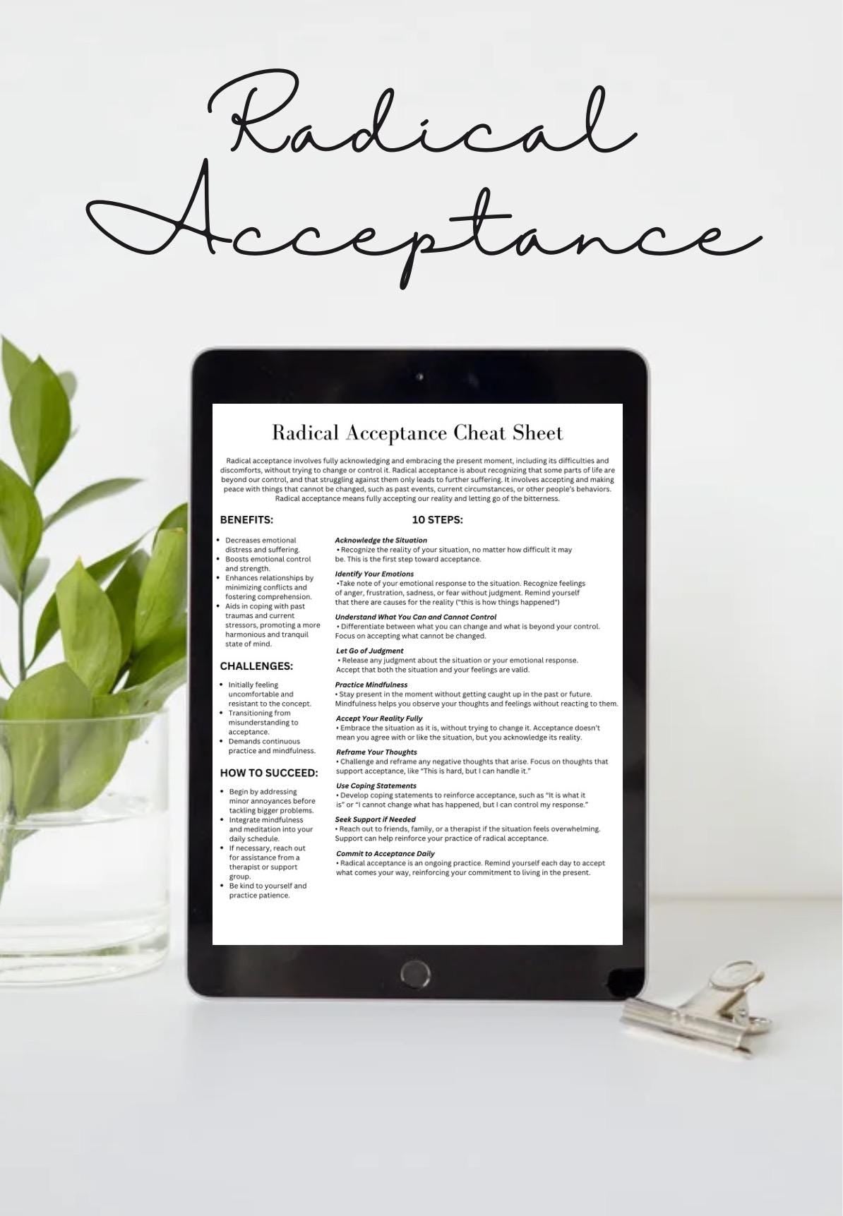 Radical Acceptance Cheat Sheet DBT  Dialectical Behavioral Therapy Coping Strategies Tool