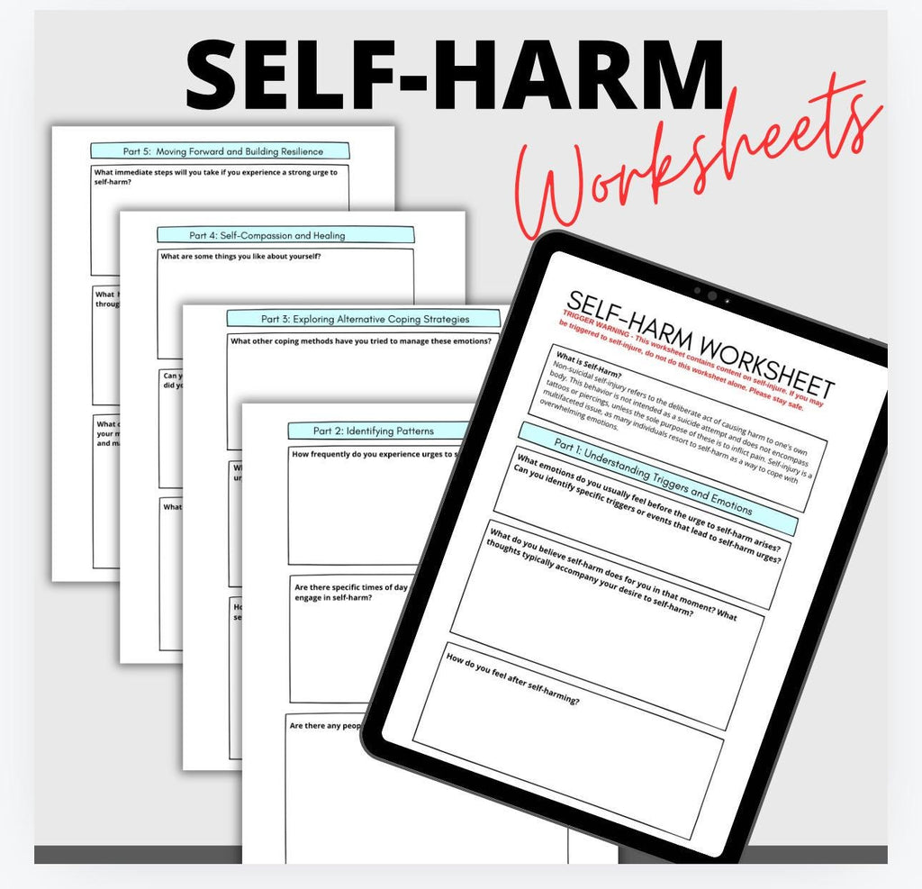 Self Harm Worksheet: Self-Injury Coping, Triggers, and Support (PDF Print)