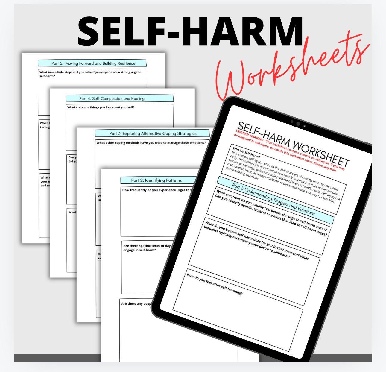 Self Harm Worksheet: Self-Injury Coping, Triggers, and Support (PDF Print)