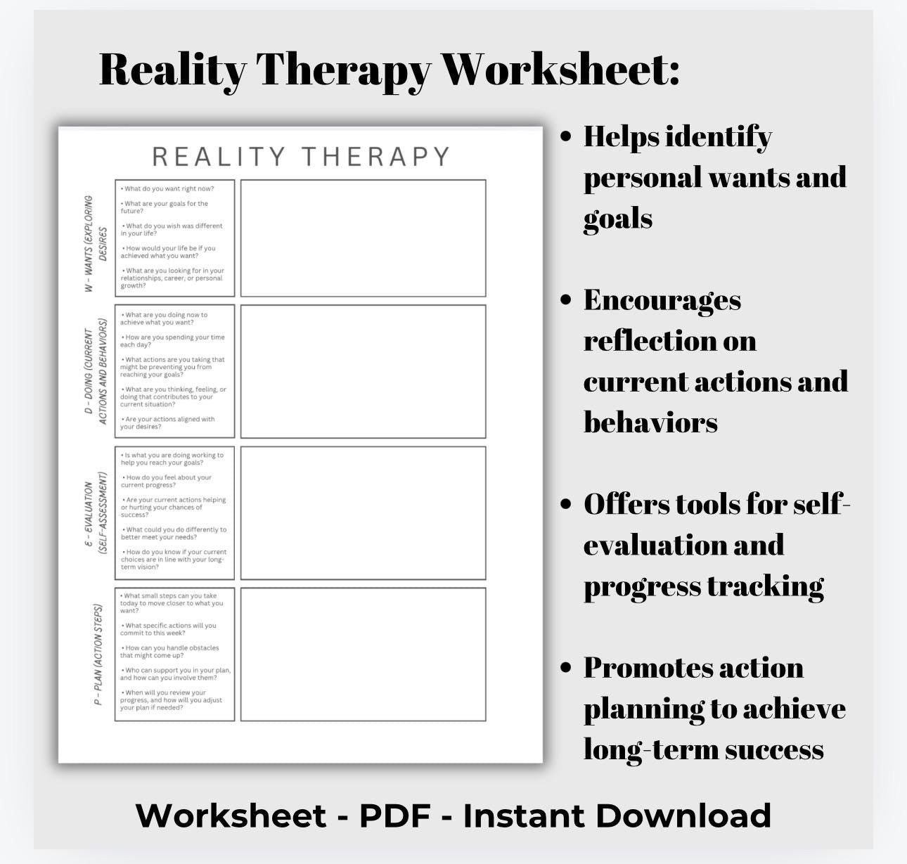 Reality Therapy Worksheet: WDEP Self-Reflection Tool (Digital Download)