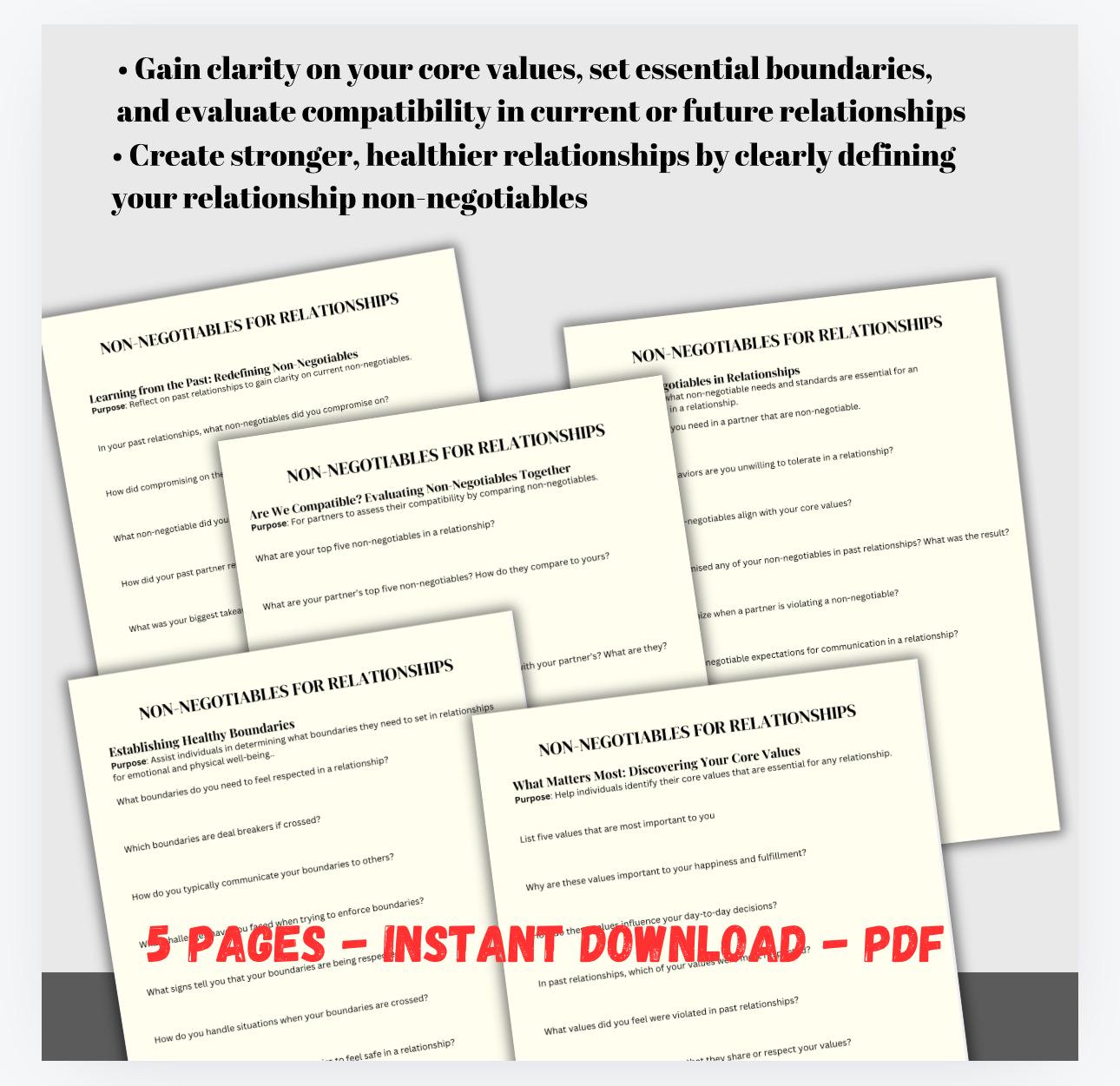 Relationship Non-Negotiables Worksheets, Couples Therapy (PDF Download)