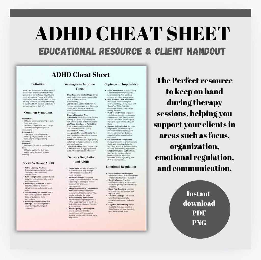 ADHD Cheat Sheet Bundle, Therapist & Parent Resources (PDF)