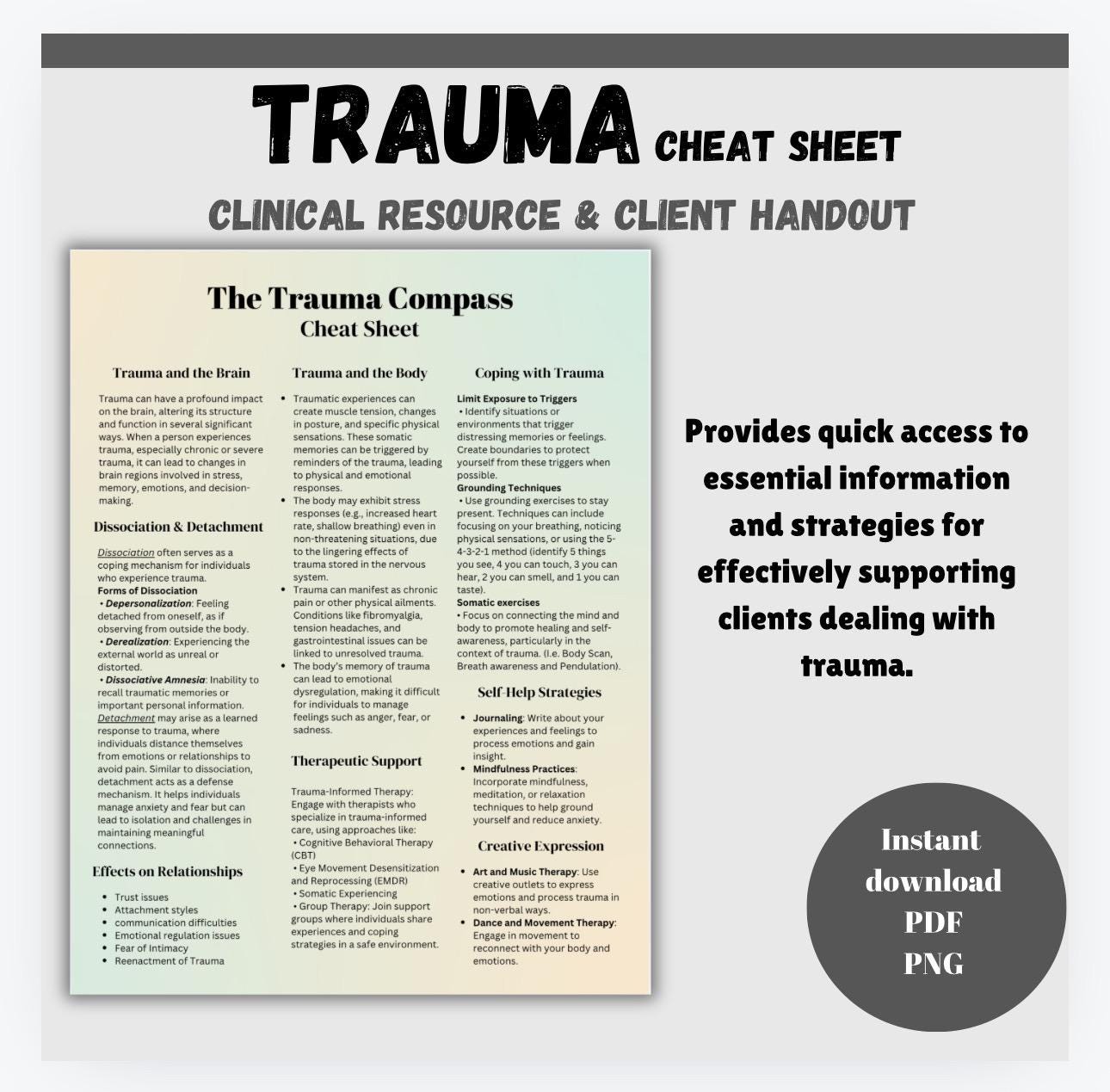 Trauma Cheat Sheet | PTSD Recovery, Therapist Aid (Digital Download)