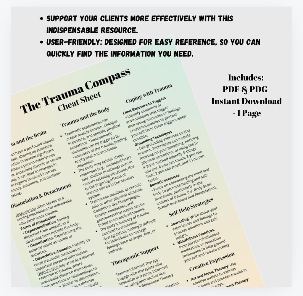 Trauma Cheat Sheet | PTSD Recovery, Therapist Aid (Digital Download)