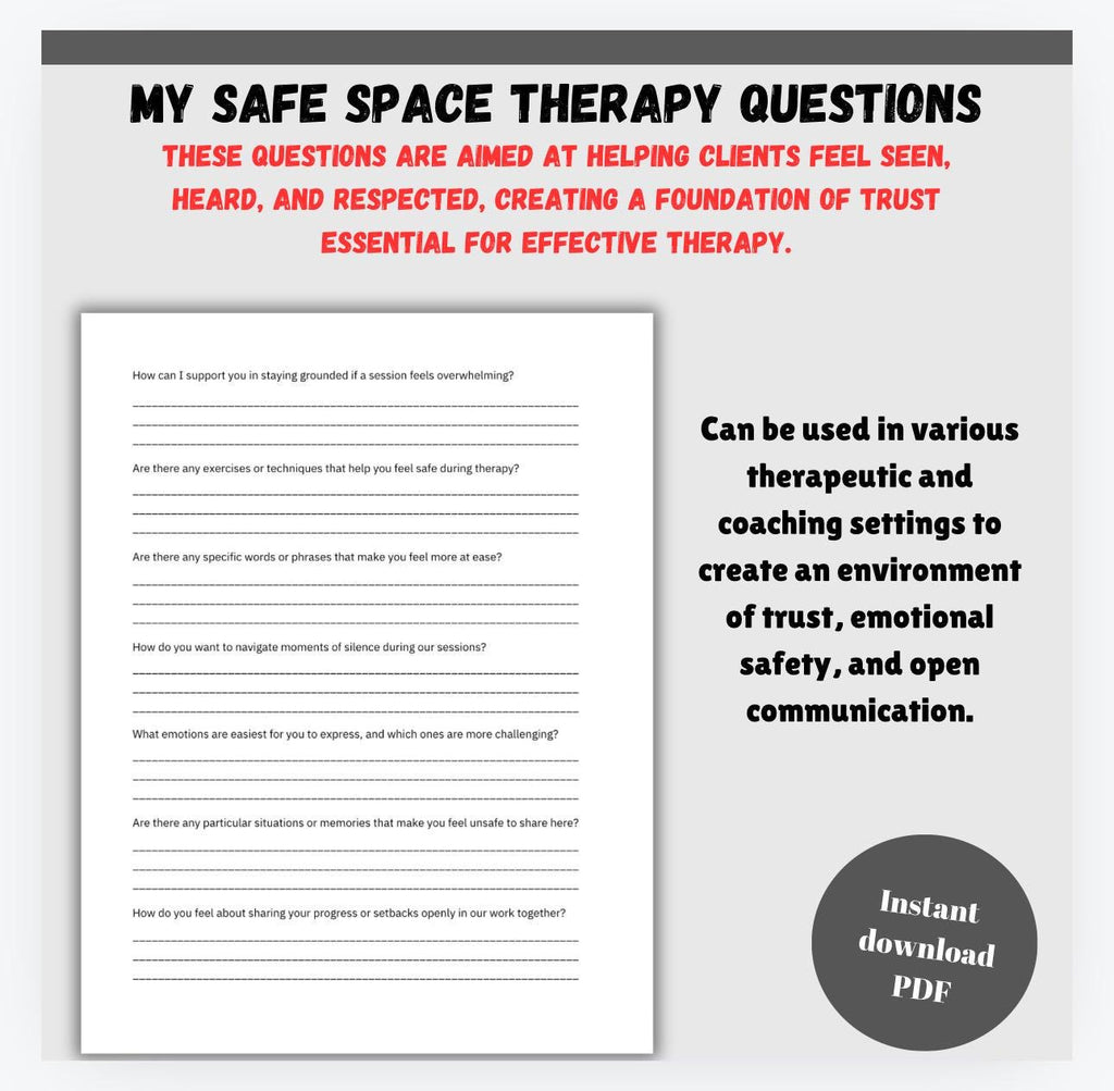 Safe Space Therapy Questions Worksheet (PDF Download)