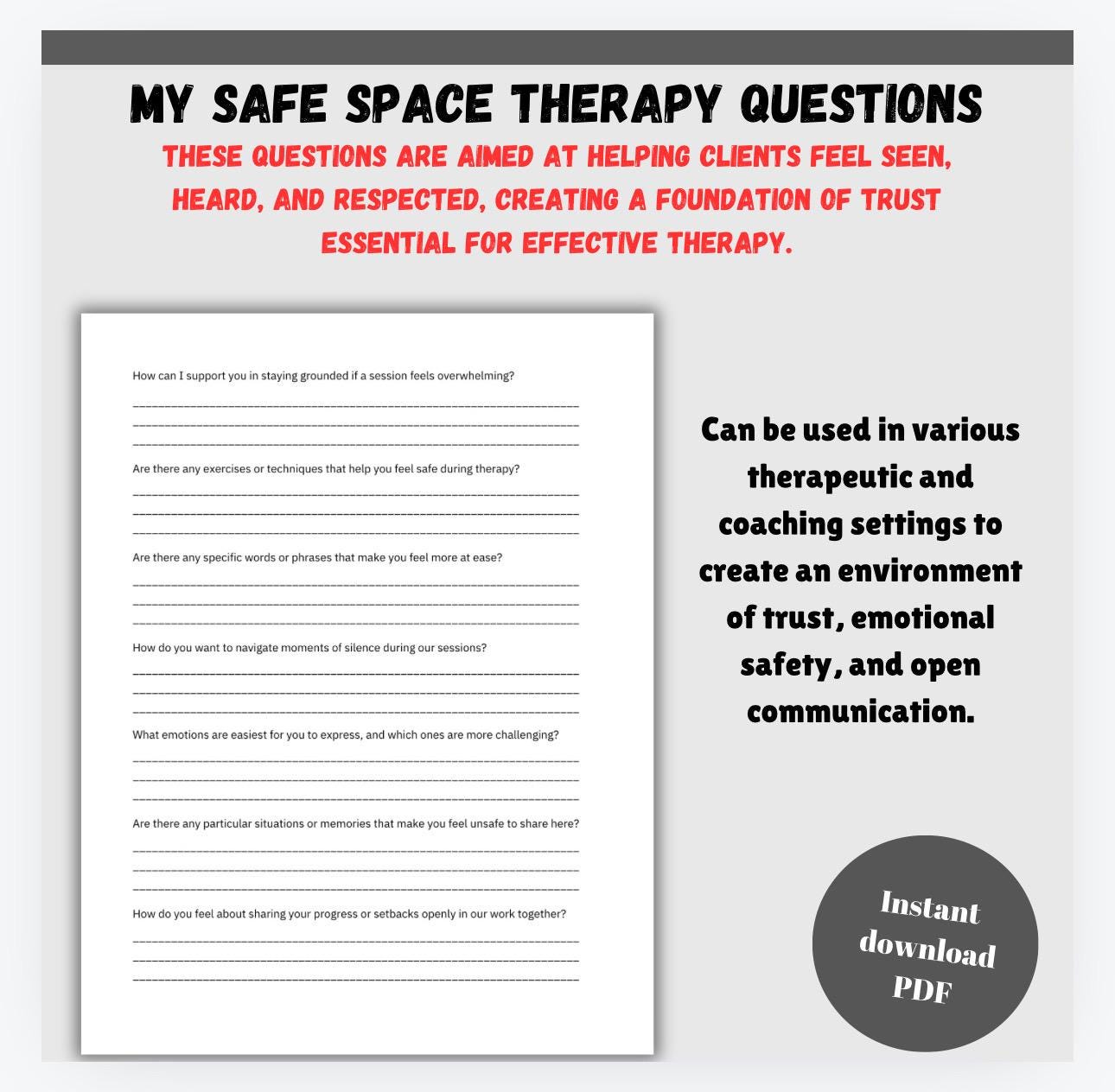 Safe Space Therapy Questions Worksheet (PDF Download)