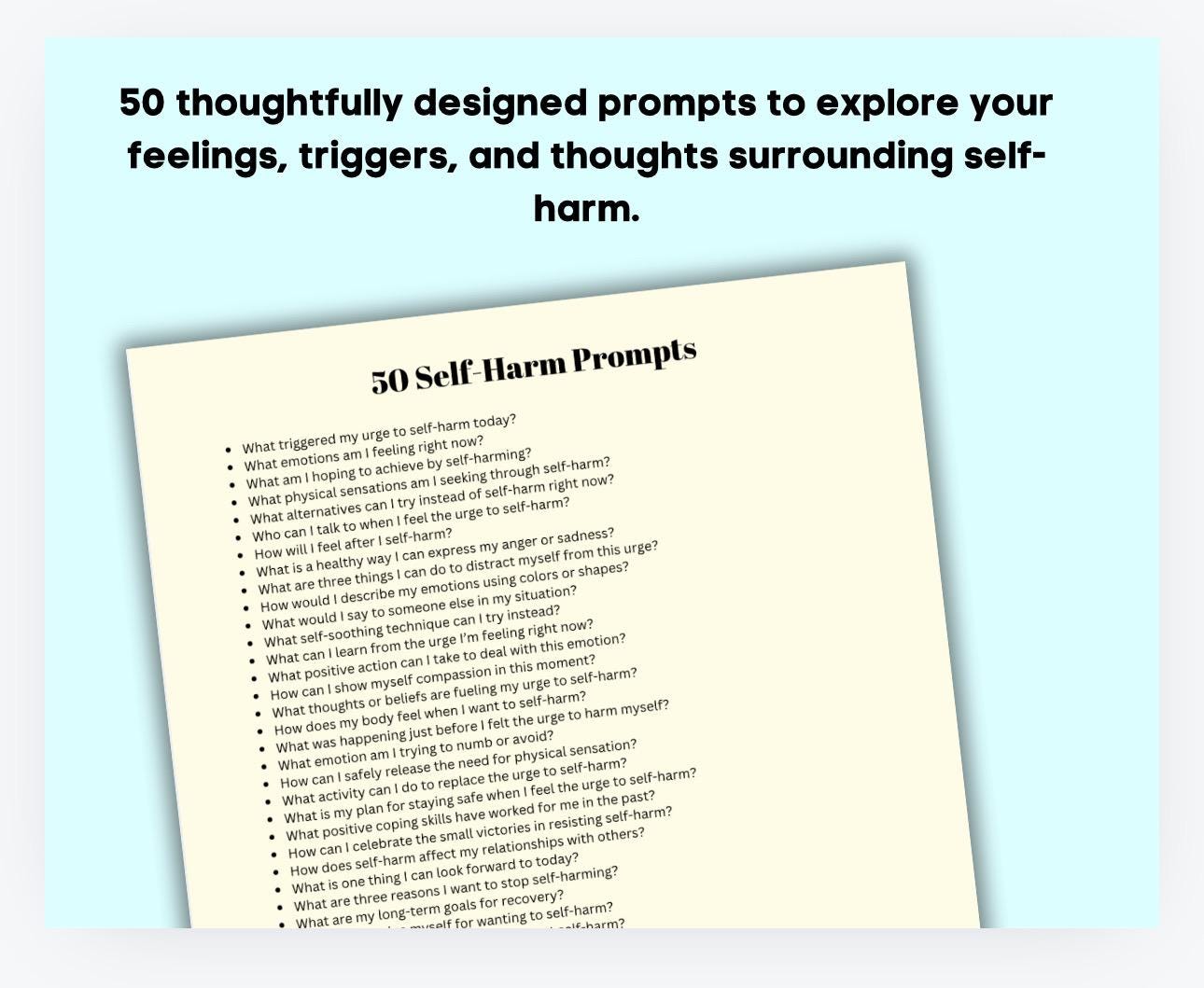 Self-Harm Alternatives Worksheet: 50 Journal Prompts (Therapist Tool)