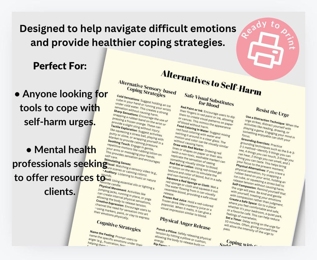 Self-Harm Alternatives Worksheet: 50 Journal Prompts (Therapist Tool)
