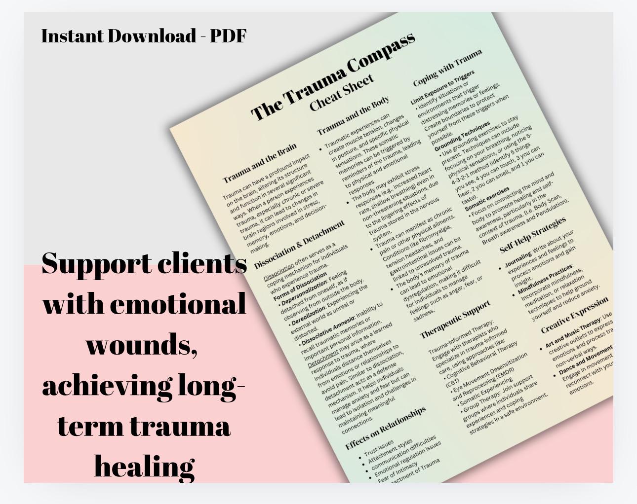Trauma Cheat Sheet | PTSD Recovery, Therapist Aid (Digital Download)