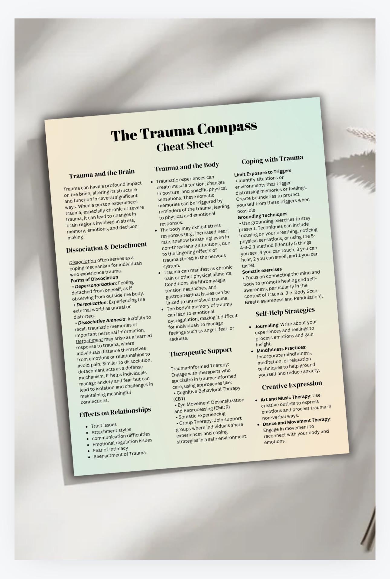 Trauma Cheat Sheet | PTSD Recovery, Therapist Aid (Digital Download)