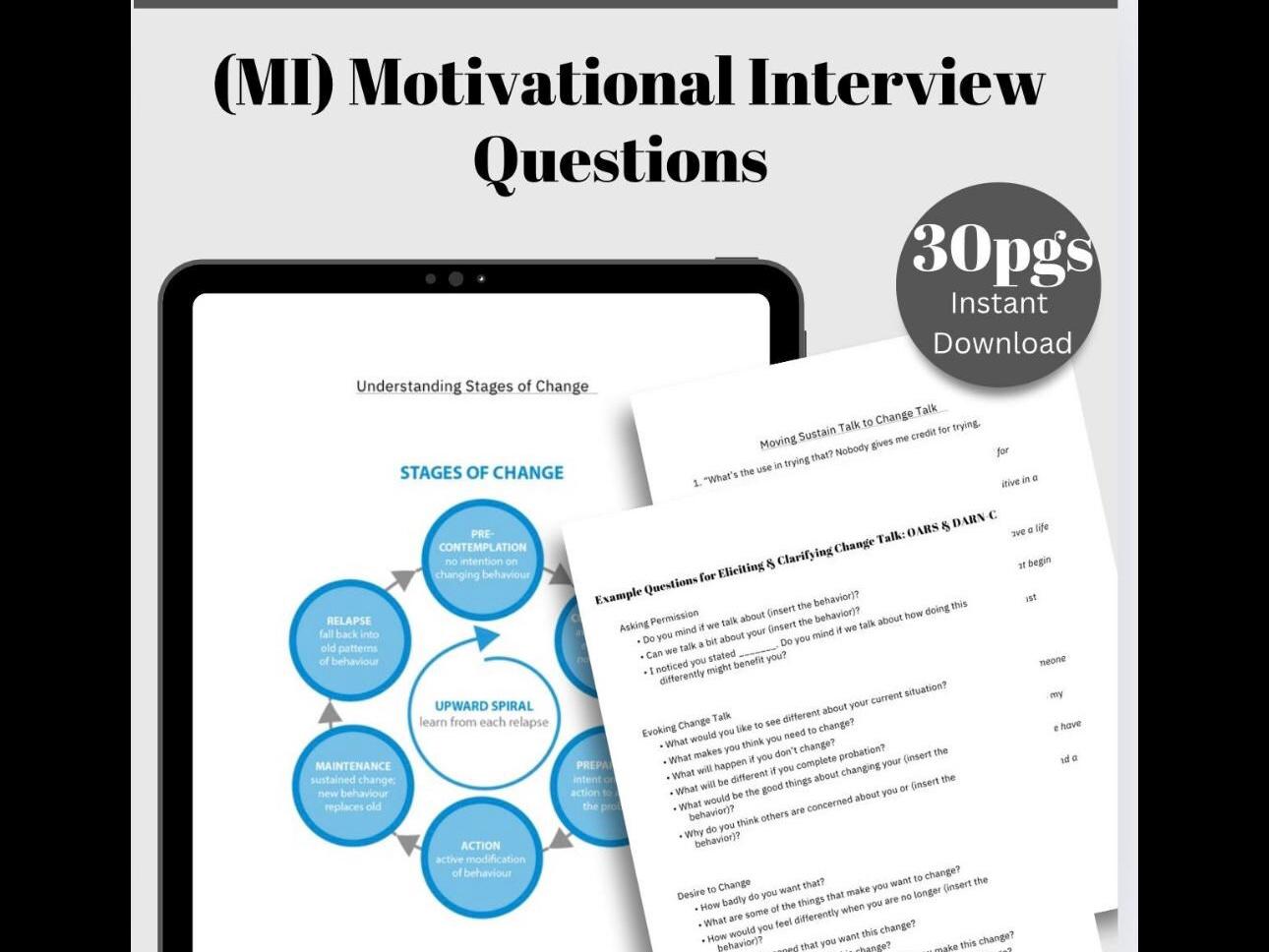 Motivational Interviewing Questions MI for Addiction and Substance Abuse Worksheets Therapist Toolkit Therapy Guide
