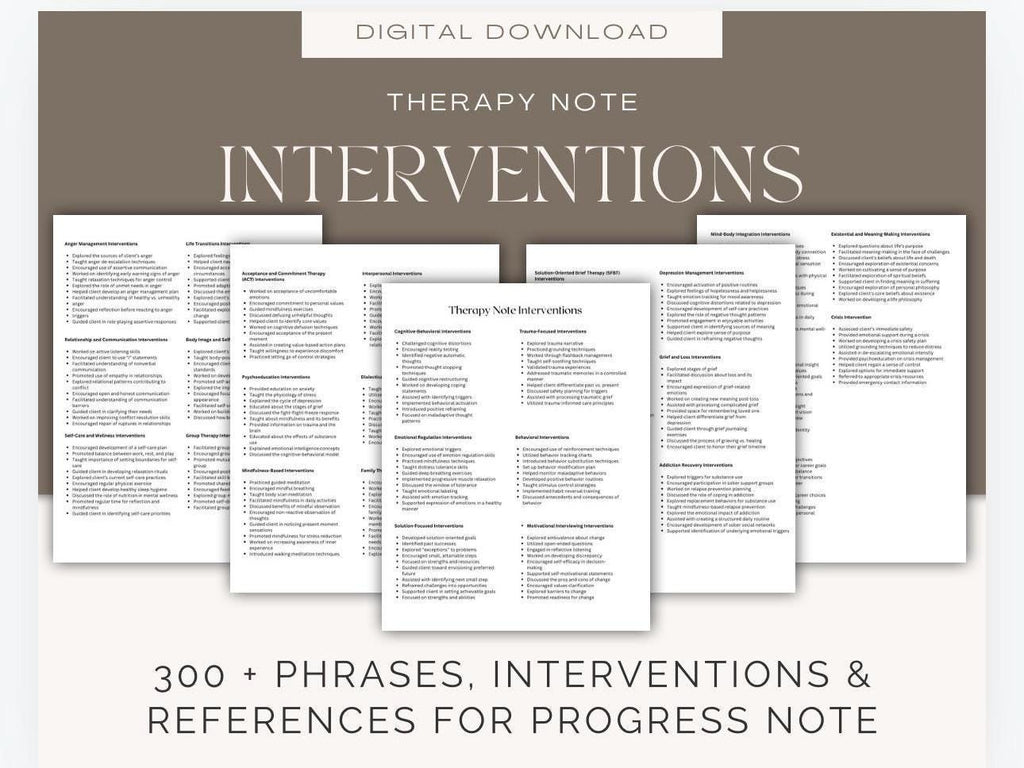 Therapy Interventions Cheat Sheets: Progress Notes, Clinical Guide (Digital Download)