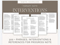 Therapy Interventions Cheat Sheets: Progress Notes, Clinical Guide (Digital Download)