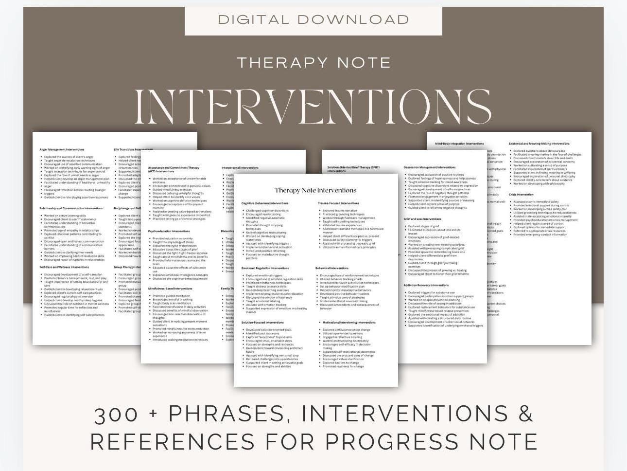 Therapy Interventions Cheat Sheets: Progress Notes, Clinical Guide (Digital Download)