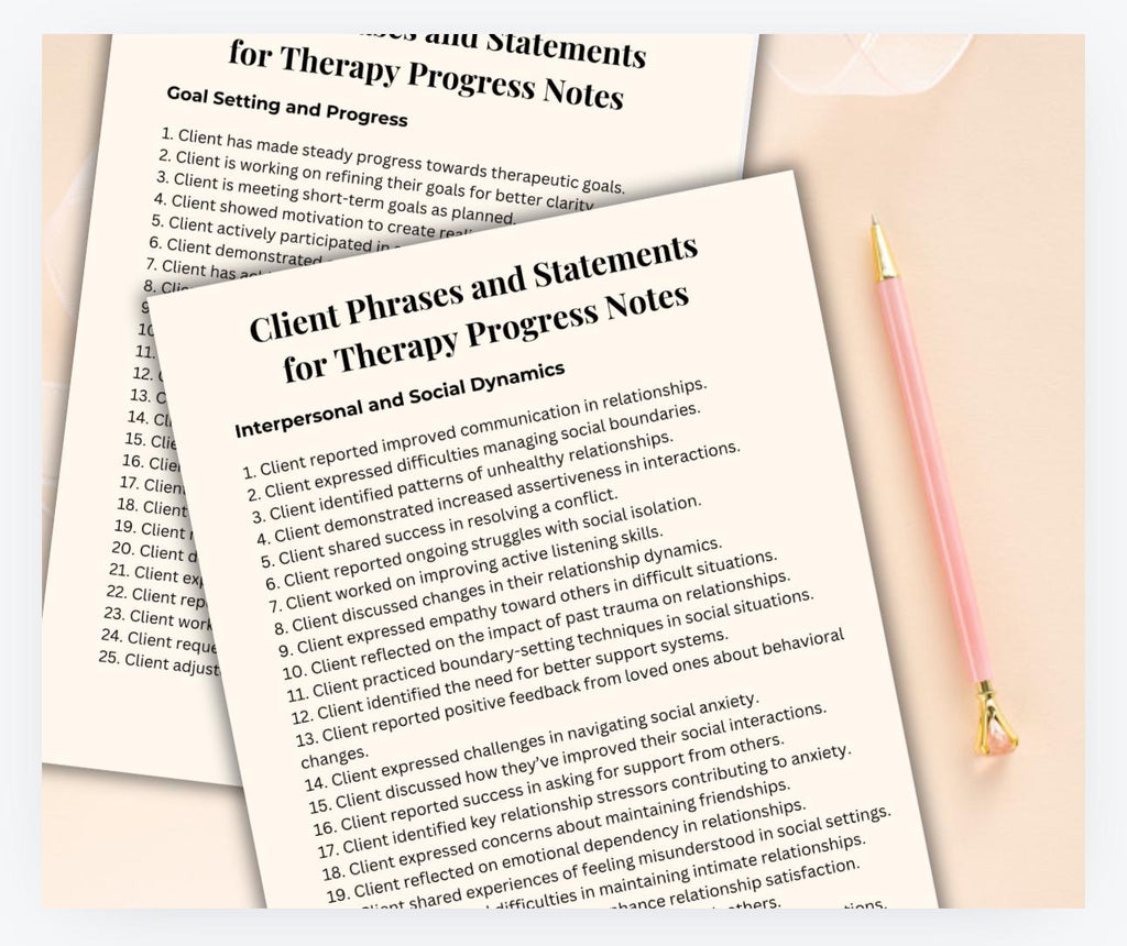 Therapy Progress Notes, Phrases & Statements (PDF Download)