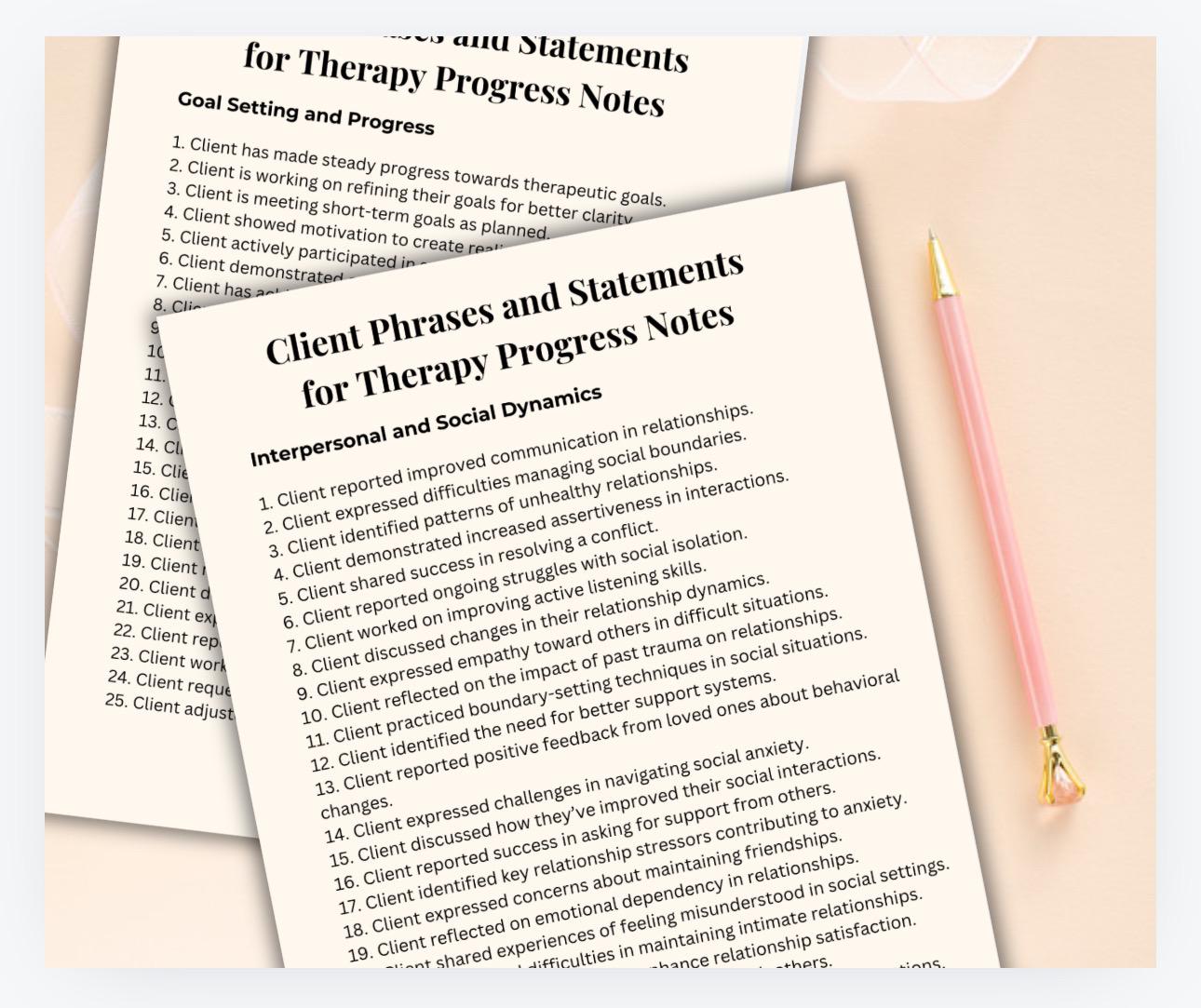 Therapy Progress Notes, Phrases & Statements (PDF Download)