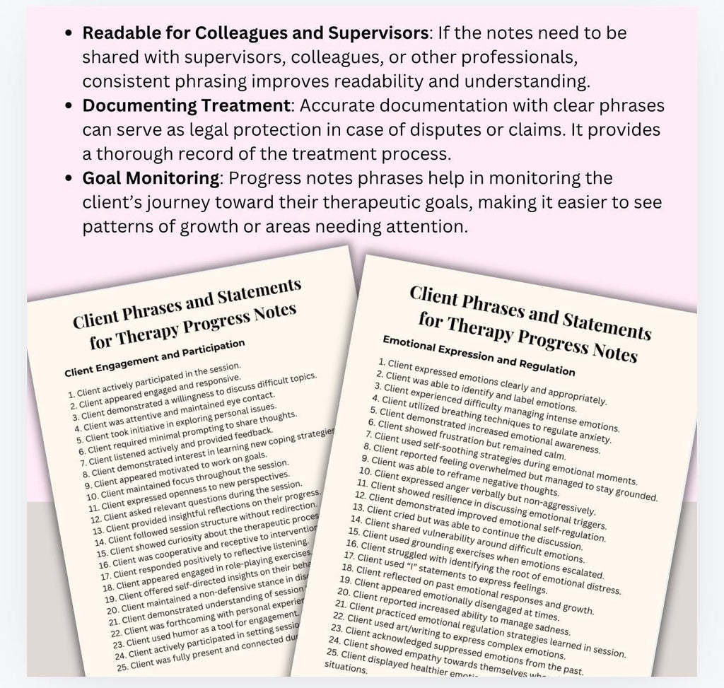 Therapy Progress Notes, Phrases & Statements (PDF Download)