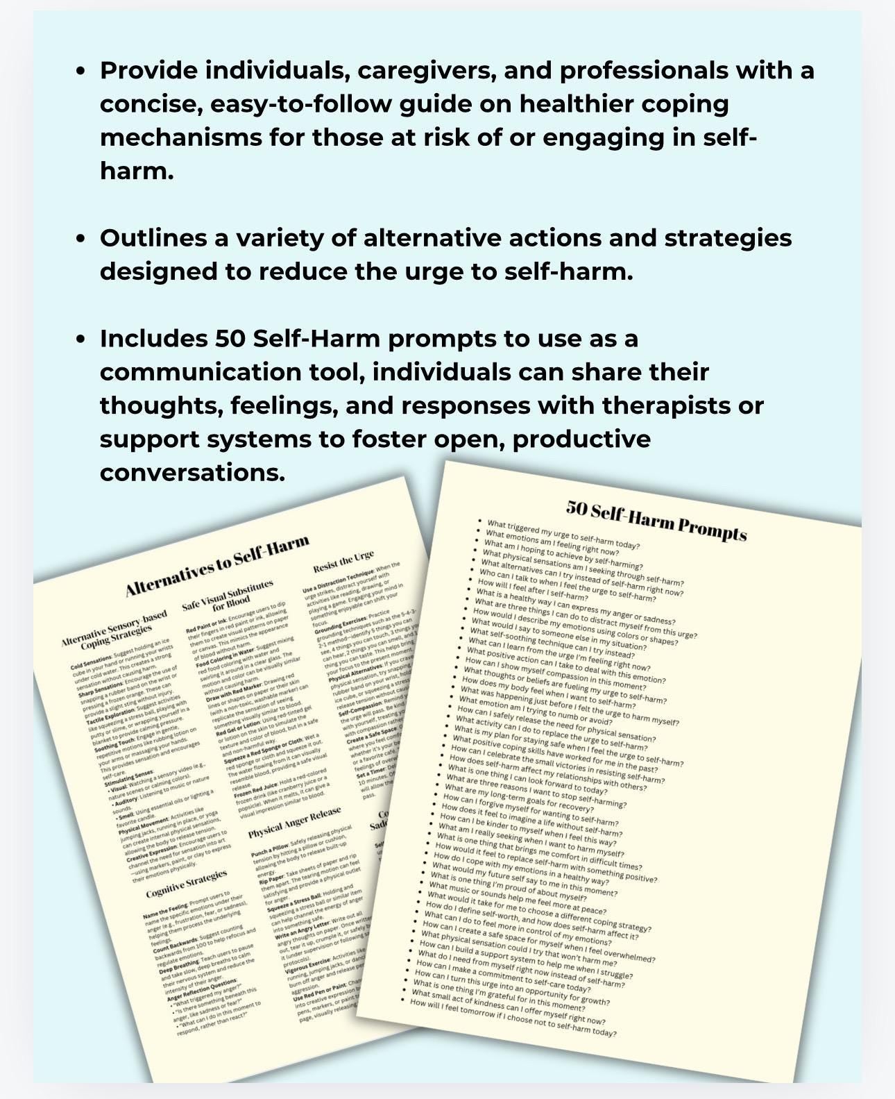 Self-Harm Alternatives Worksheet: 50 Journal Prompts (Therapist Tool)