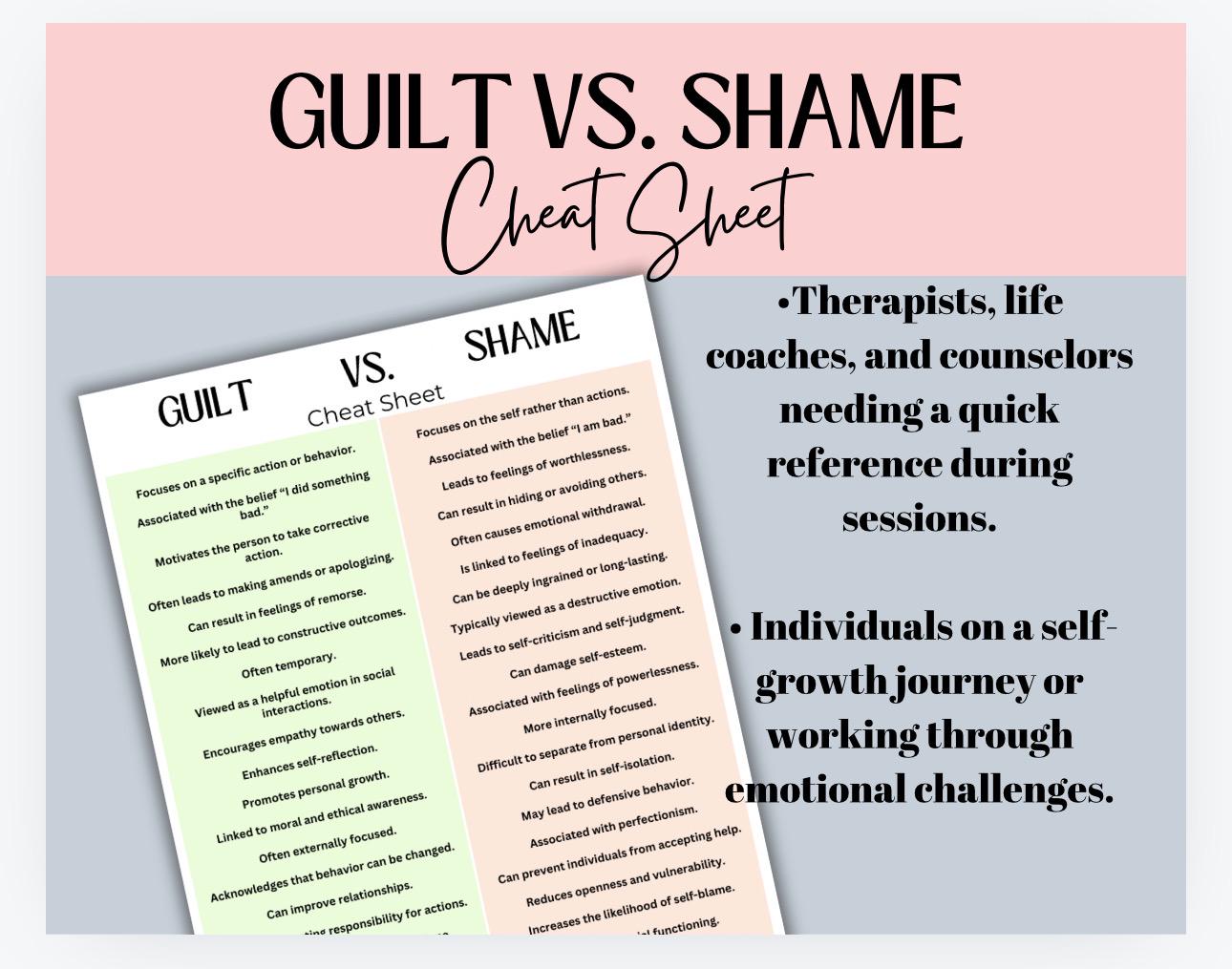 Guilt vs Shame Cheat Sheet: Therapy, Self-Awareness Tool (PDF, PNG)