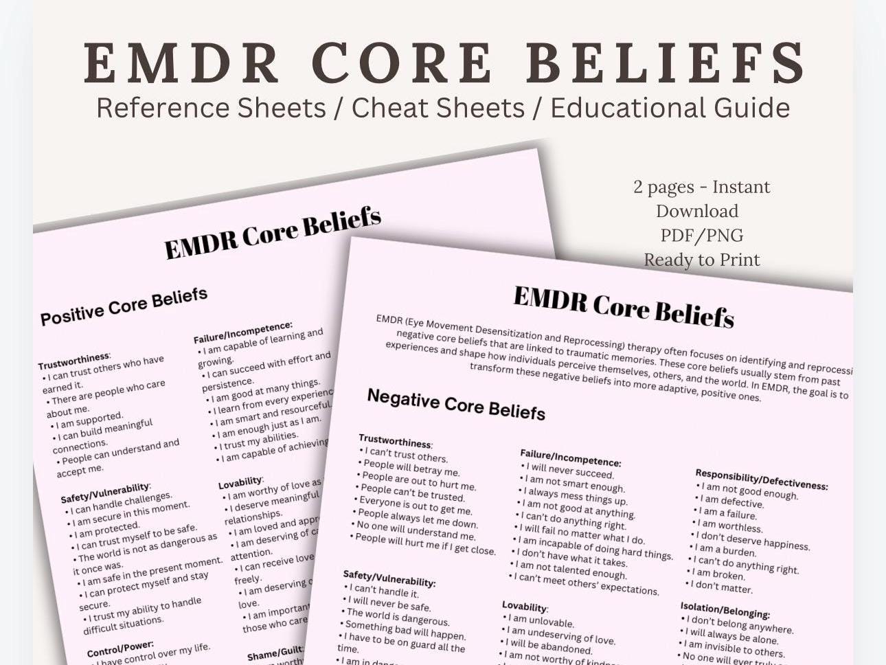 EMDR Core Beliefs Eye Movement Desensitization and Reprocessing Negative and Positive Thoughts Cheat Sheet for Core Beliefs Phases of EDMR