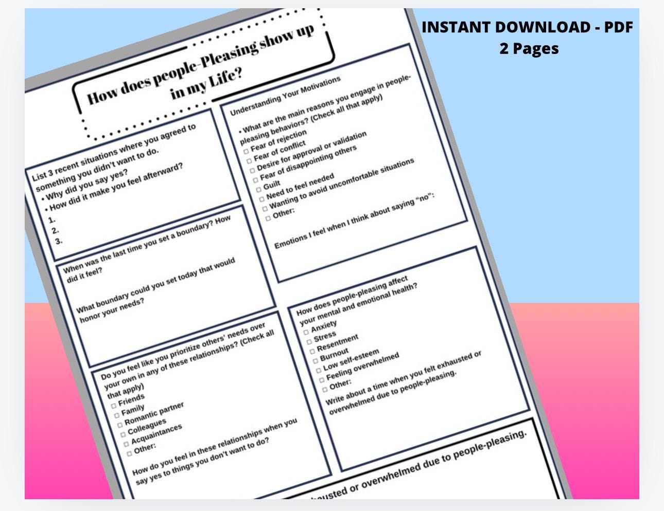 People Pleaser Recovery Printable Therapy Tool Emotional Regulation Therapist Resource Boundaries Exercise