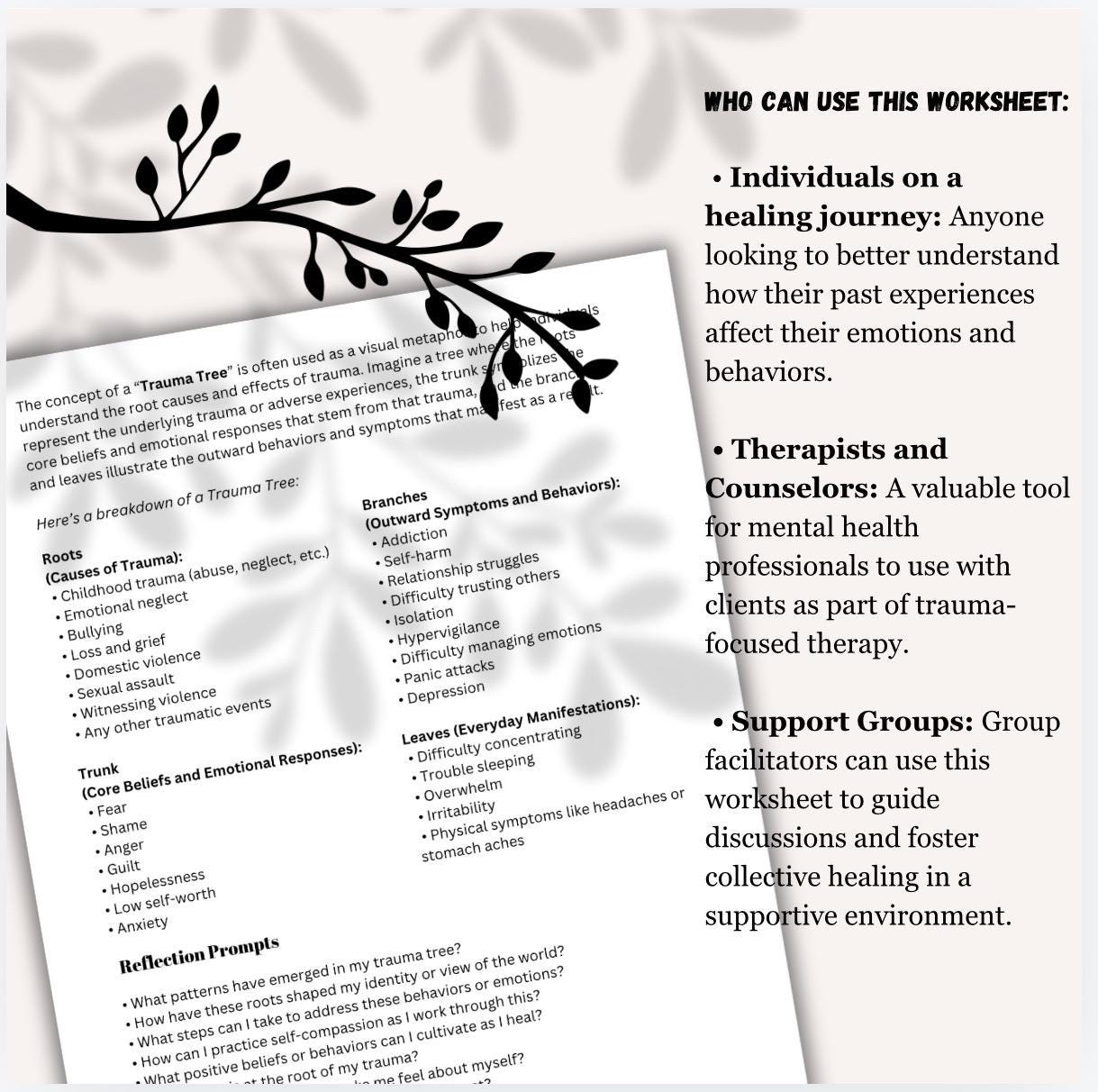 Printable Trauma Tree Worksheet for Reflection and Emotional Healing Personal Growth Tool