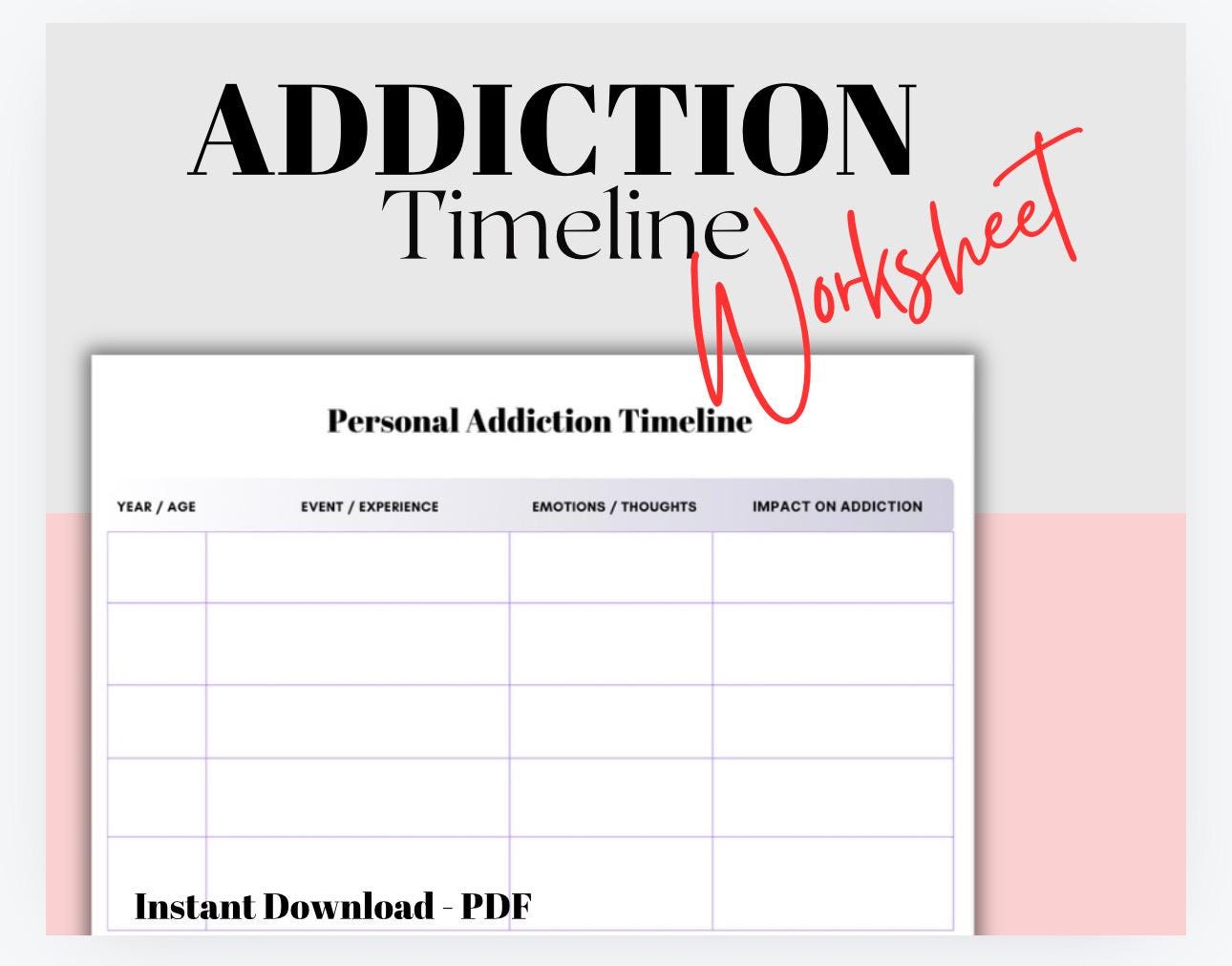Addiction Timeline Worksheet, Relapse Prevention Tool (PDF Pattern)