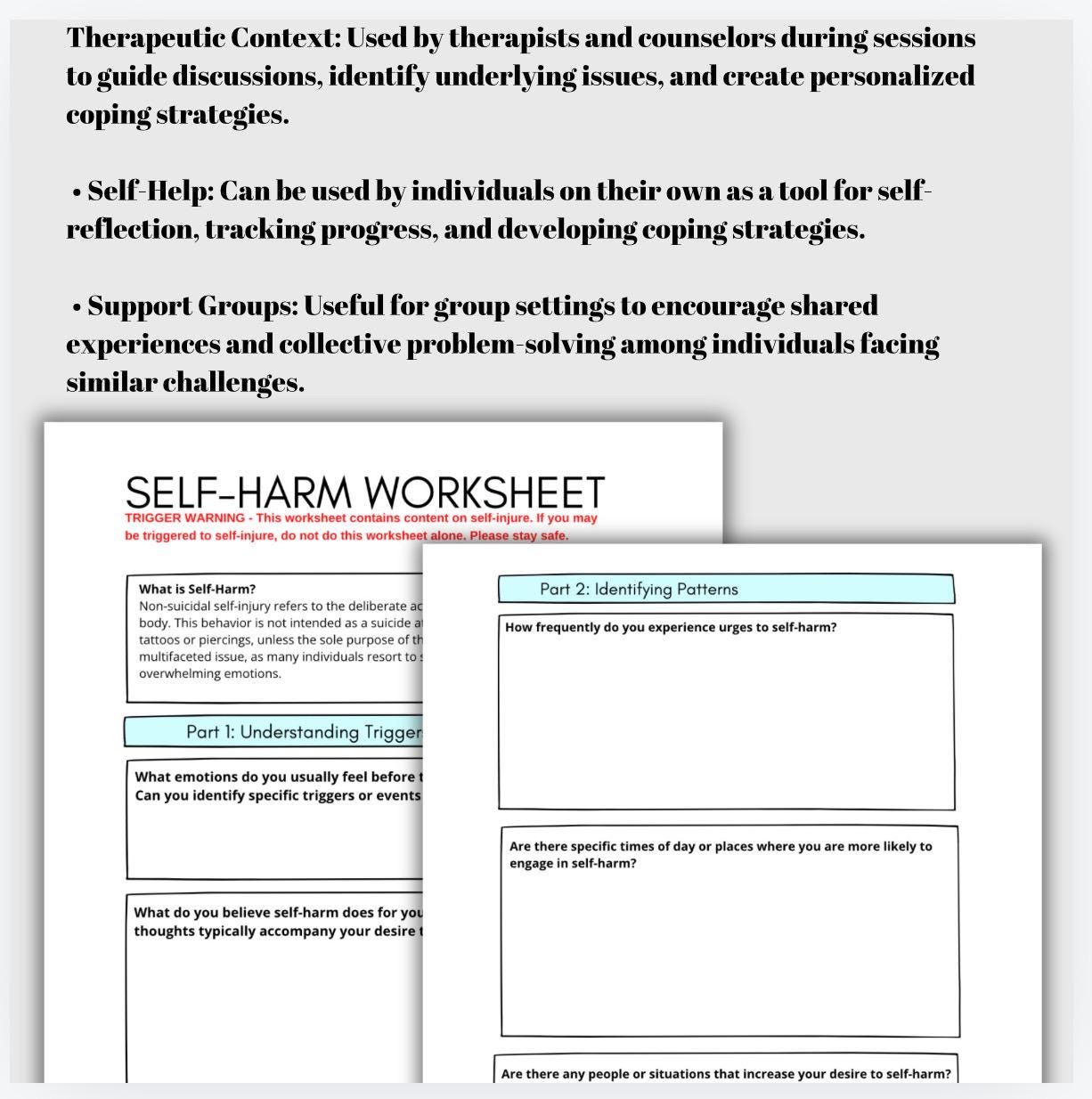Self Harm Worksheet: Self-Injury Coping, Triggers, and Support (PDF Print)