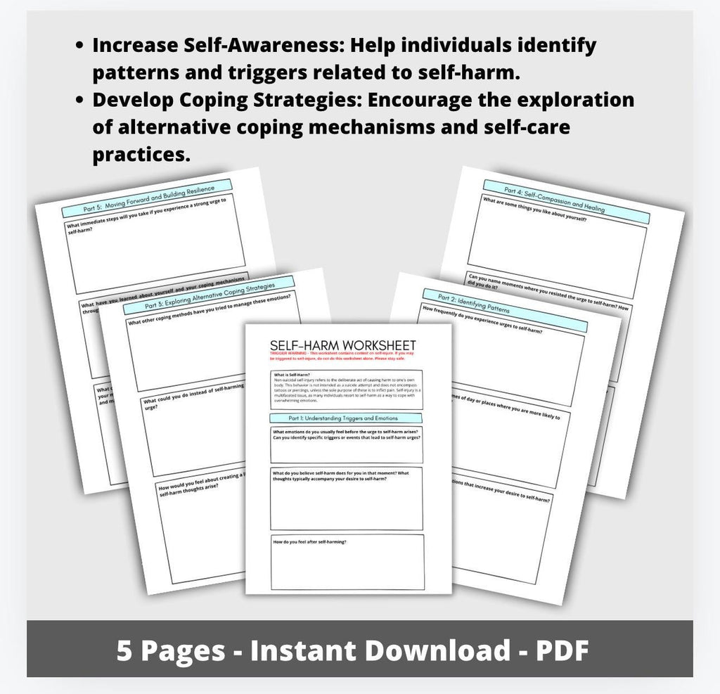 Self Harm Worksheet: Self-Injury Coping, Triggers, and Support (PDF Print)