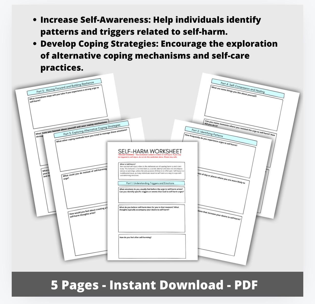 Self Harm Worksheet: Self-Injury Coping, Triggers, and Support (PDF Print)