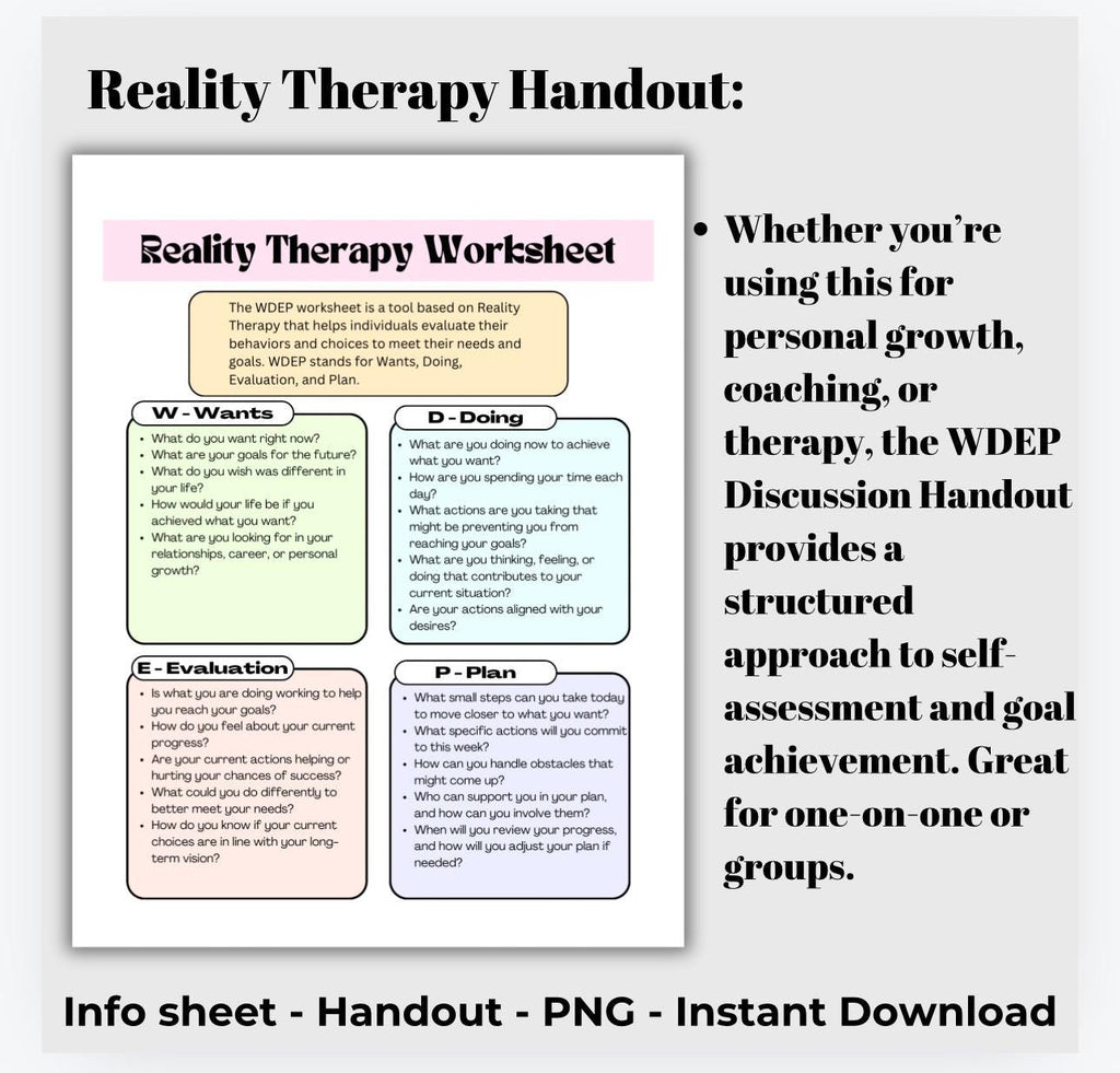 Reality Therapy Worksheet: WDEP Self-Reflection Tool (Digital Download)