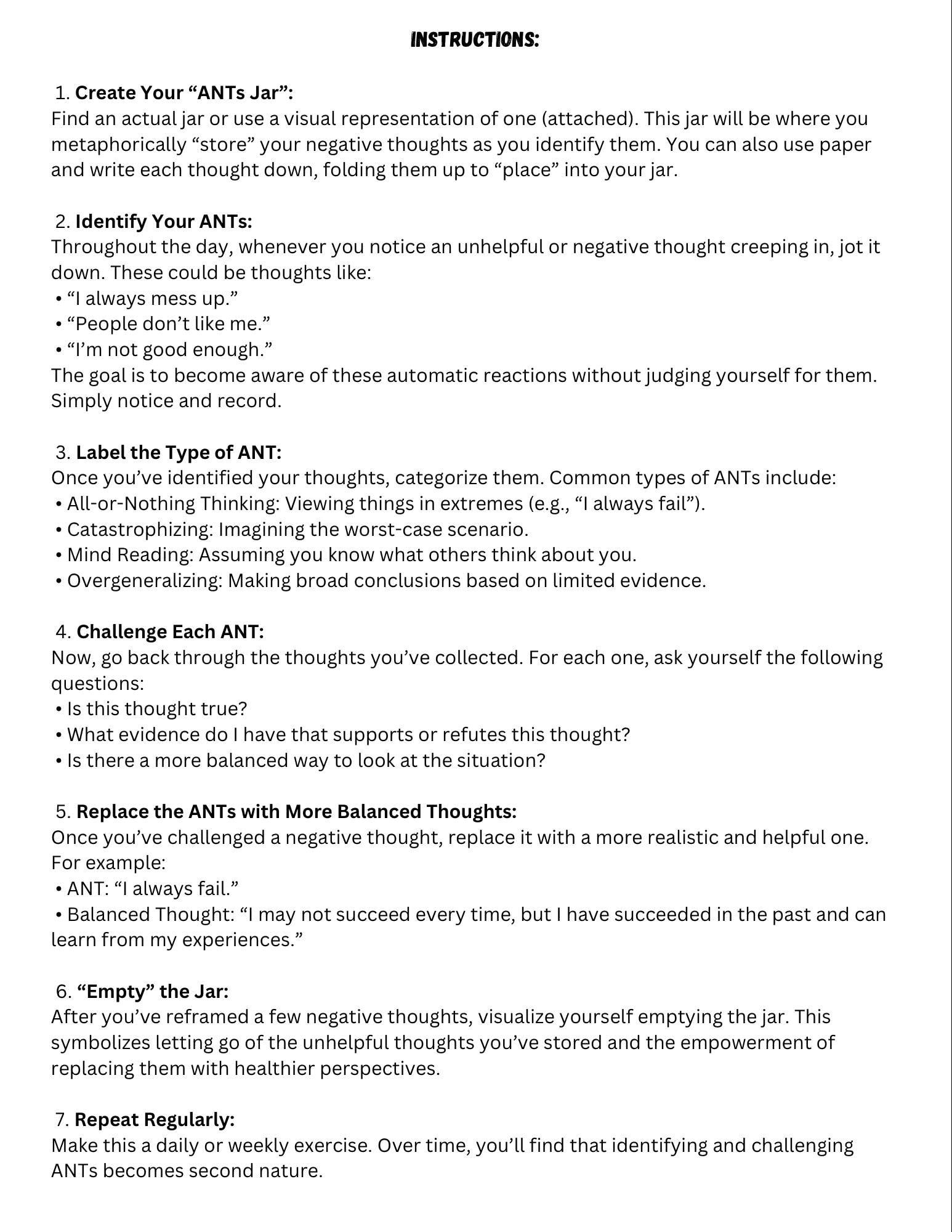 Jar of ANTs CBT Worksheet, Child Therapy Tool (PDF)