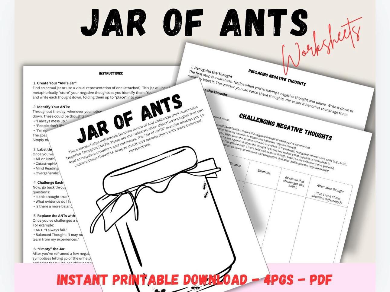 Jar of ANTs CBT Worksheet, Child Therapy Tool (PDF)